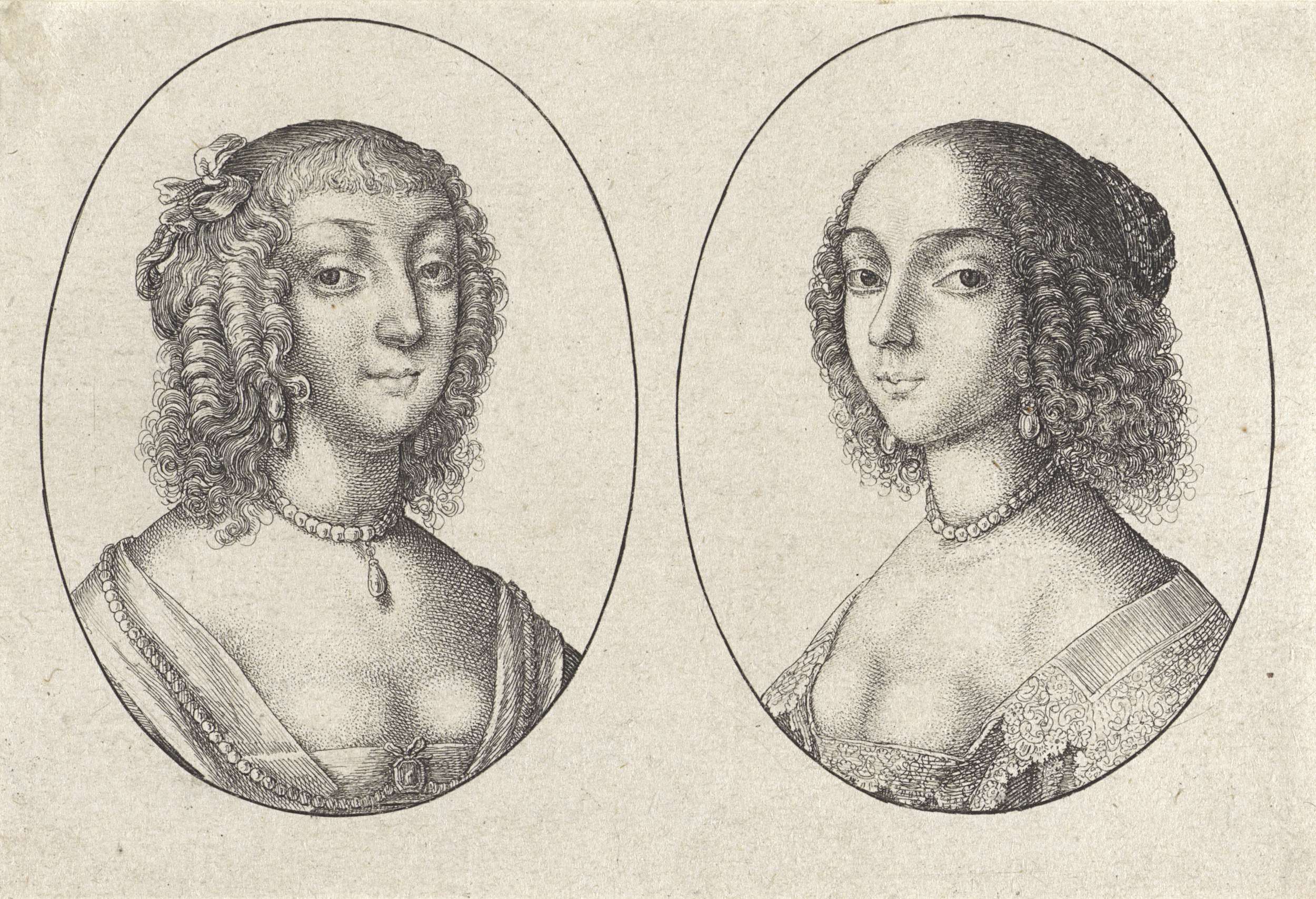 Two young women with serene expressions in an etching by Wenceslaus Hollar