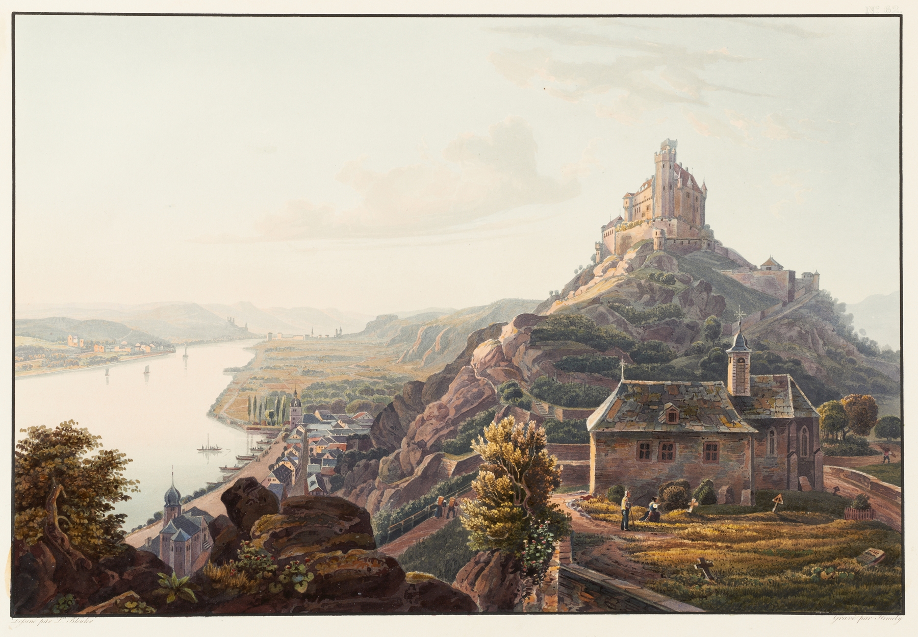 Landscape with a castle, river, and hills by Johann Ludwig Bleuler, oil painting.