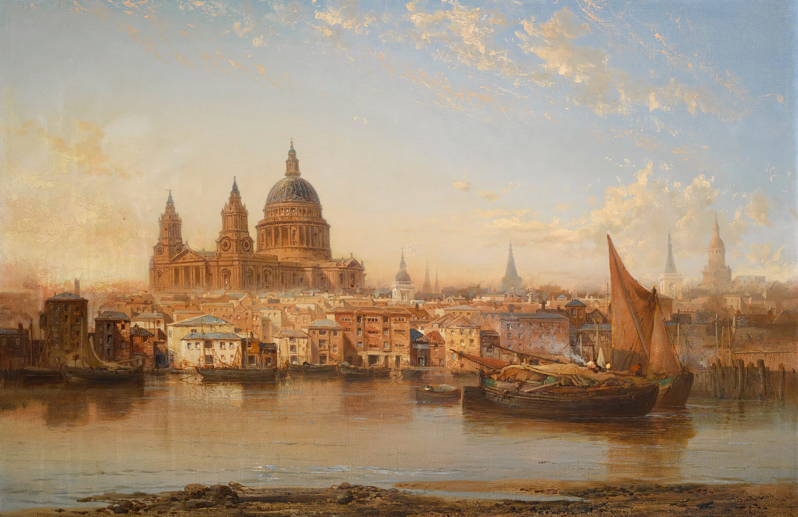 St. Pauls From The River, oil on canvas by James Webb, depicting a river with St. Paul's Cathedral in the background.