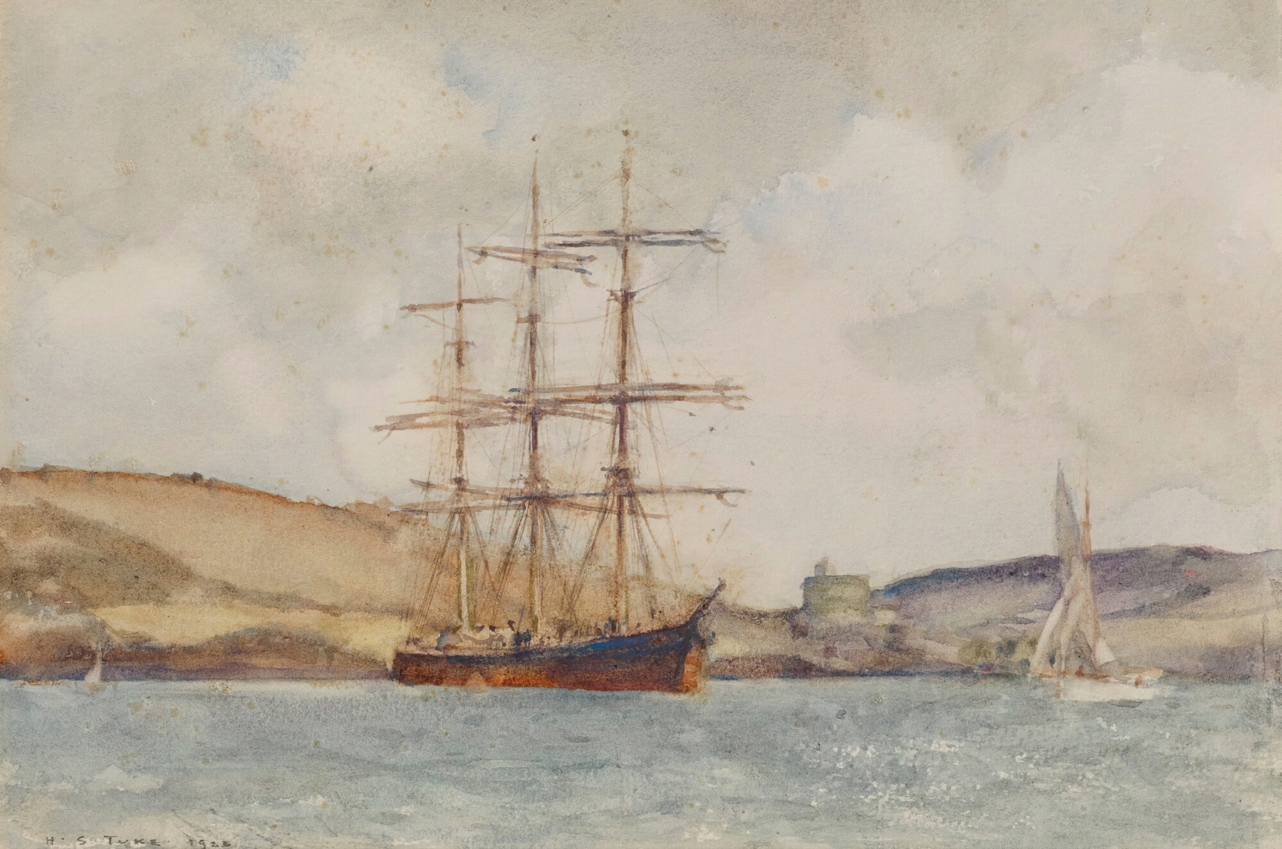 A Three-Master Lying Off St Catherine’s Castle, Fowey, by Henry Scott Tuke, public domain