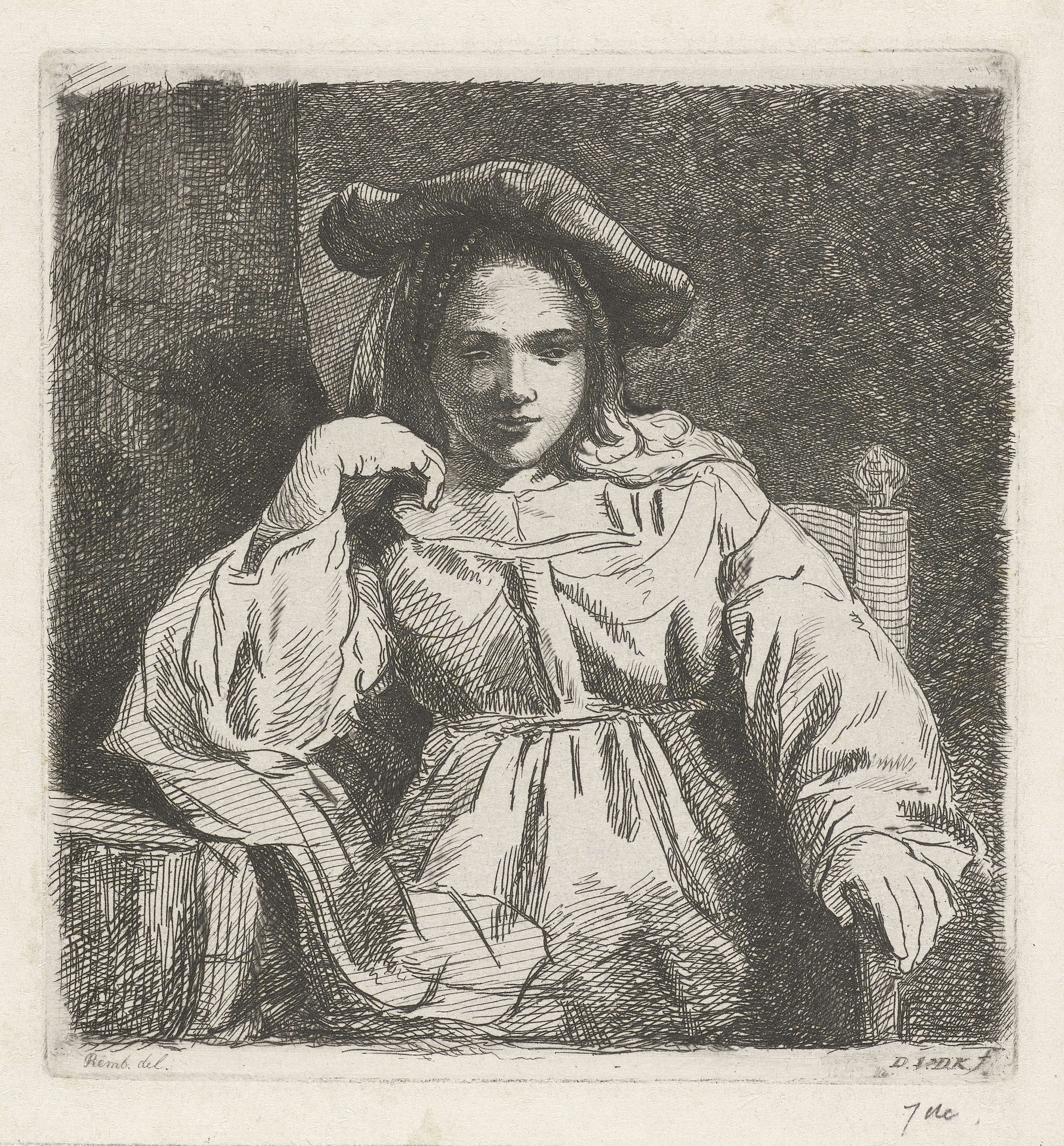 Zittend meisje, etching by David van der Kellen, depicting a girl in a soft garment with thoughtful expression.