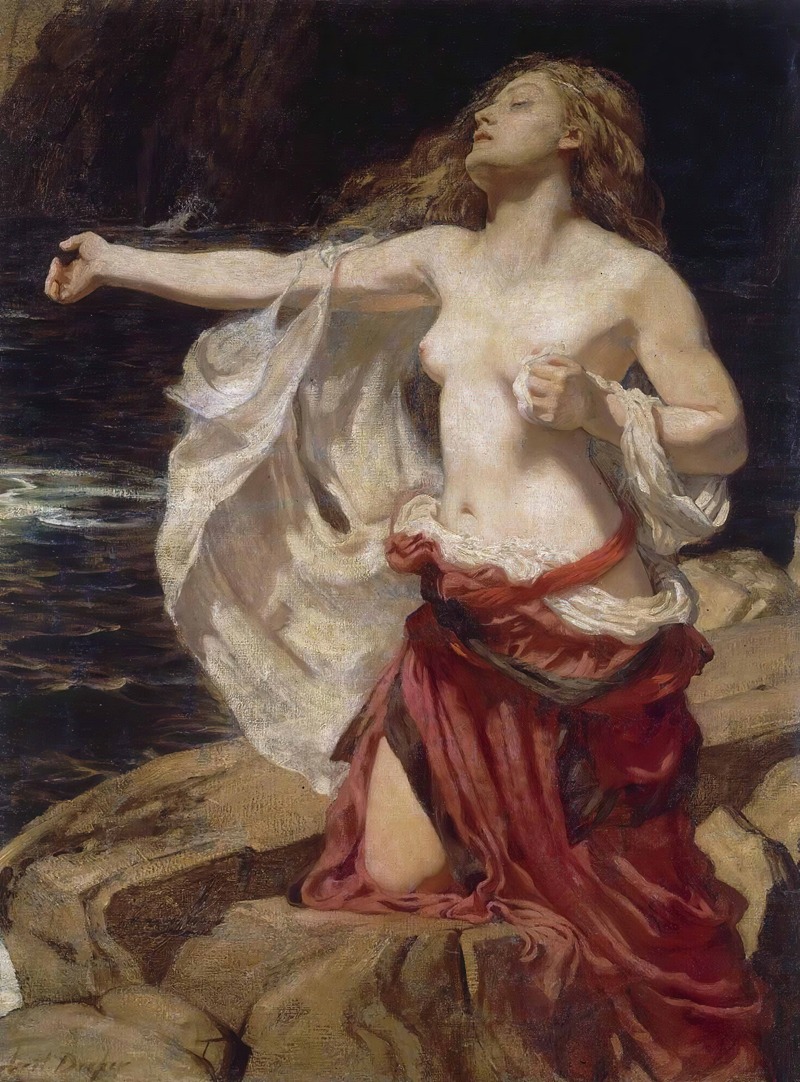 Ariadne by Herbert James Draper depicts a woman surrounded by vibrant colors and intricate details.