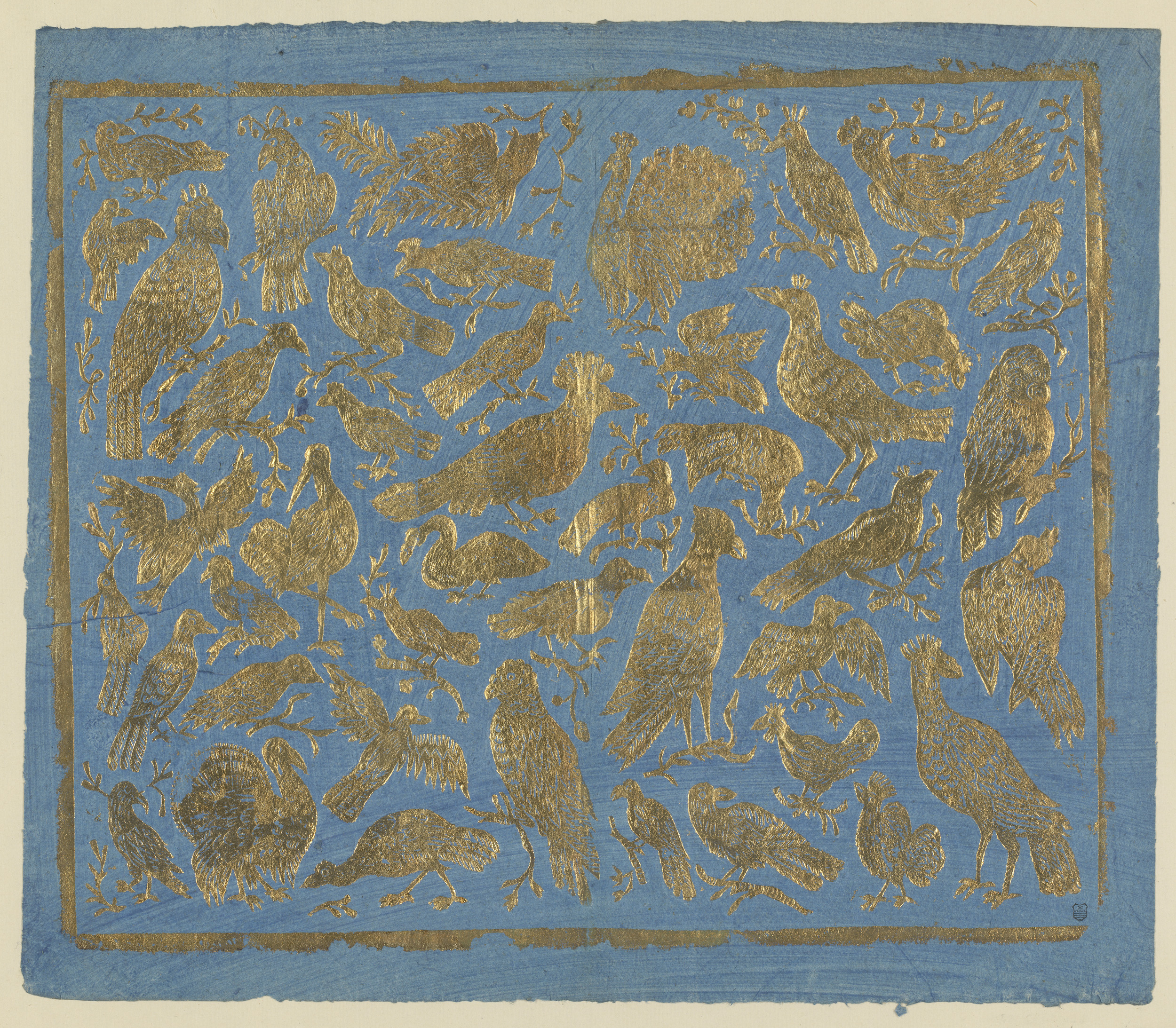 Relief print by unknown artist depicting birds, twigs, and fruits