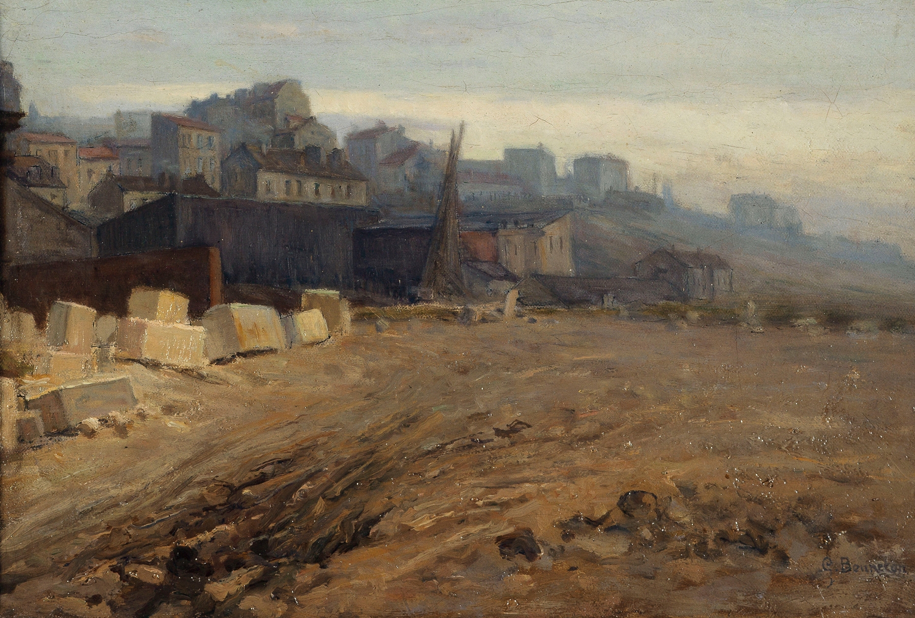 La Butte aux Cailles, oil on canvas by Germain Eugène Bonneton, depicting a landscape with buildings and a pastel sky.