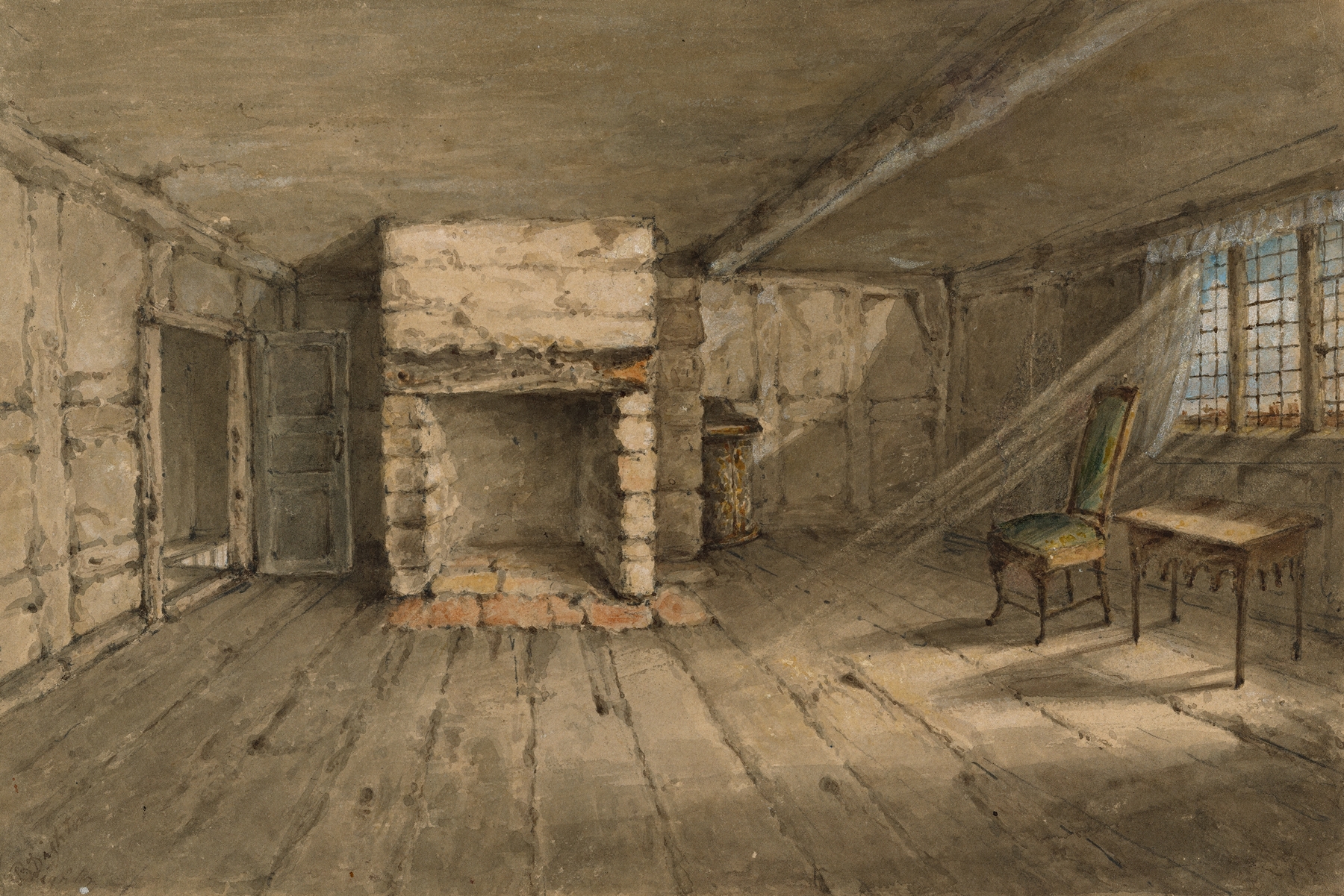 Interior scene with light illuminating dust in a room, by Phoebe Dighton, 1834
