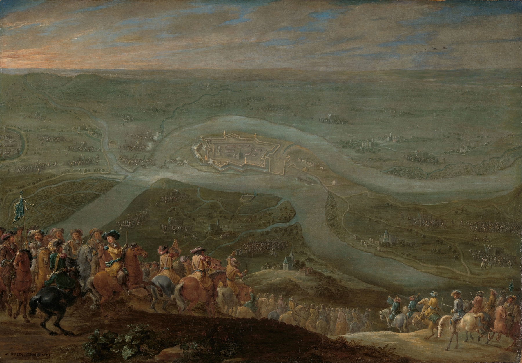 Historical scene of King Louis XIV and entourage at the siege, oil painting by Lambert de Hondt II