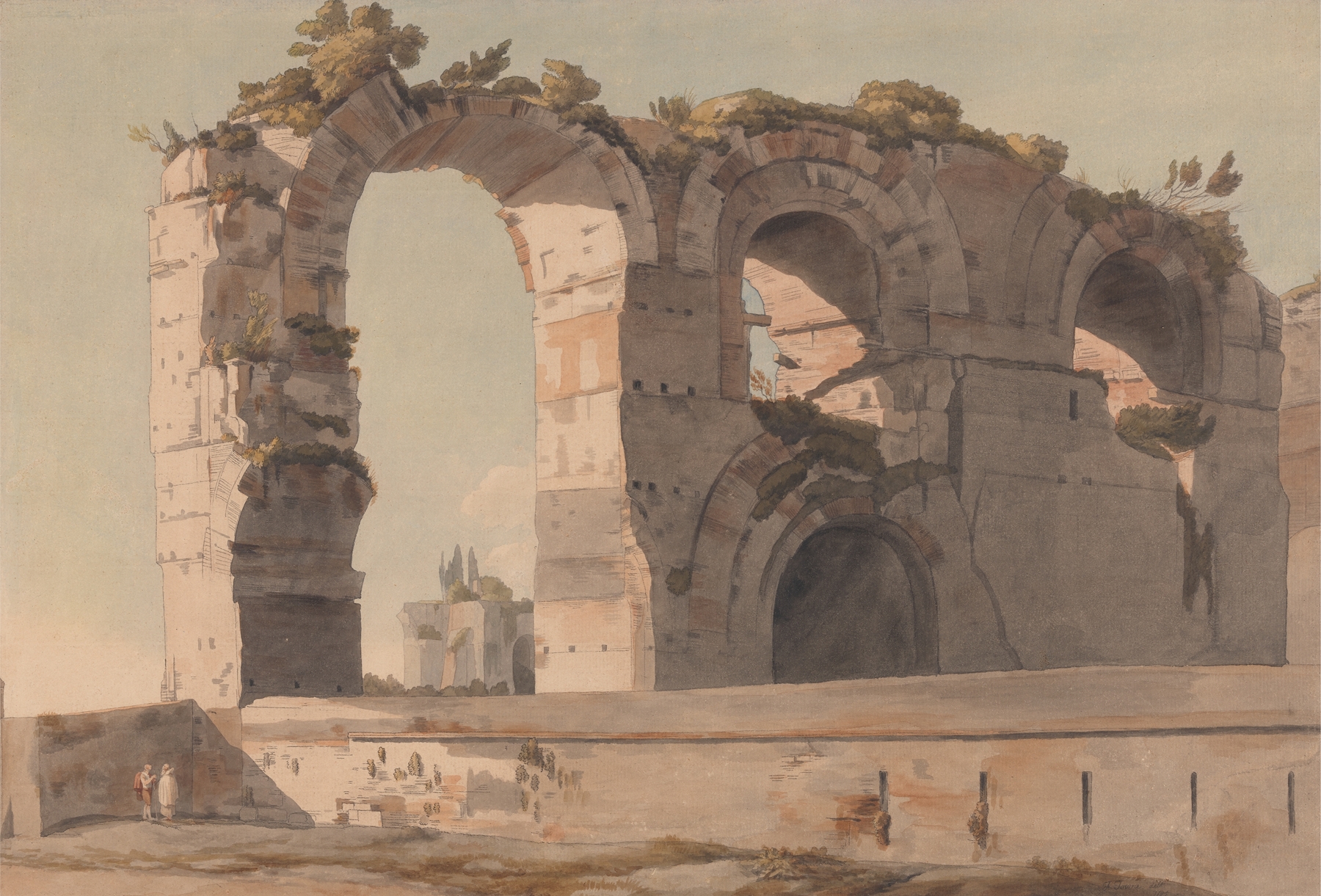 The Claudian Aquaduct, Rome by Francis Towne, oil painting depicting ancient architecture