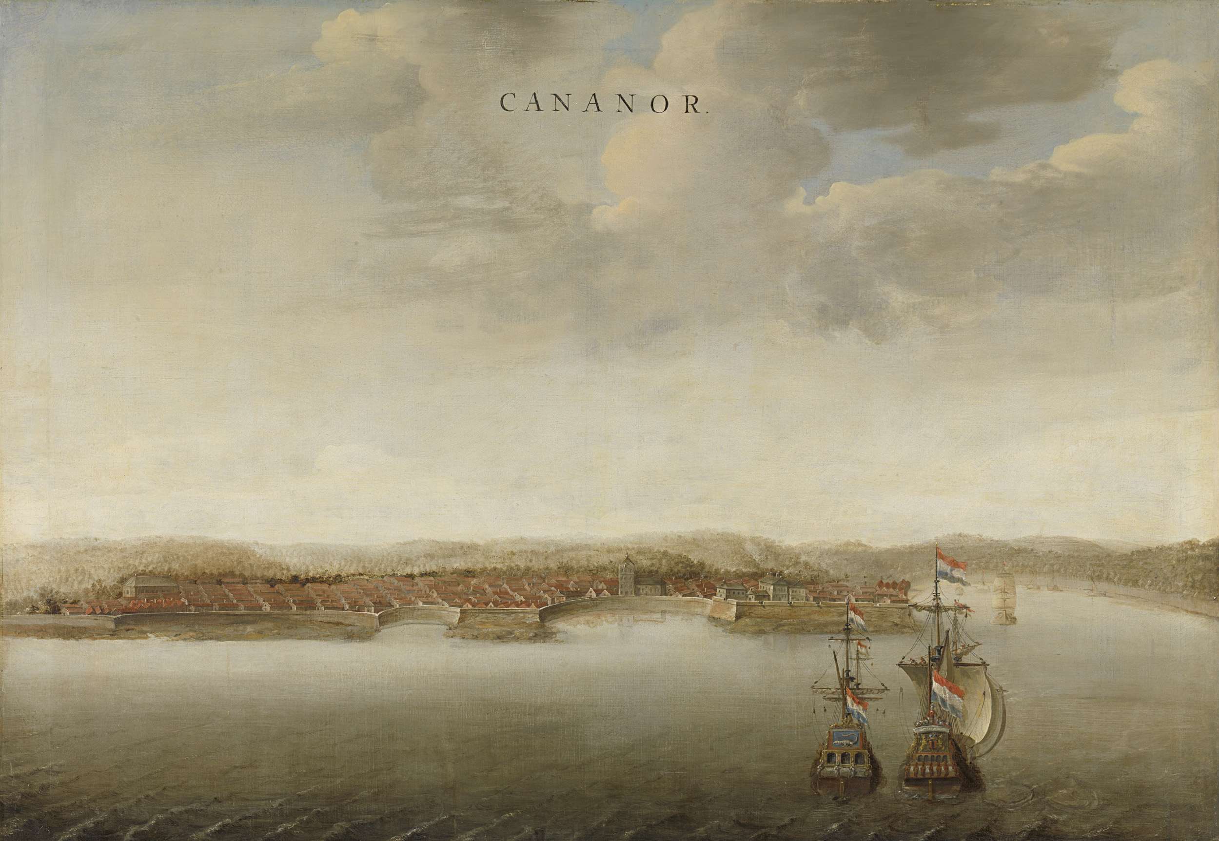 Oil painting by Johannes Vinckboons depicting trading posts of the Dutch East India Company.