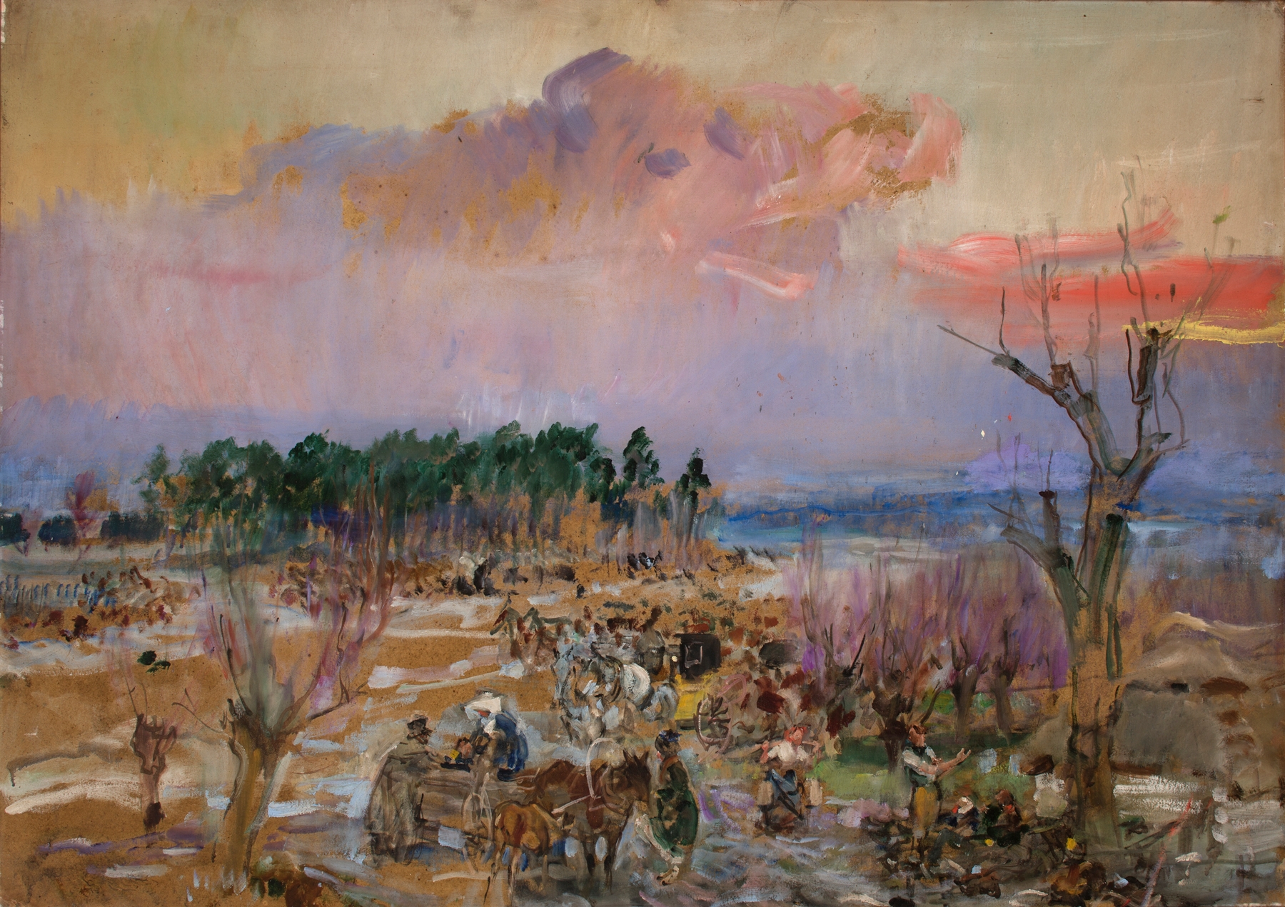 Landscape scene in Sketch for Panorama of Grochów by Wojciech Kossak, 1940