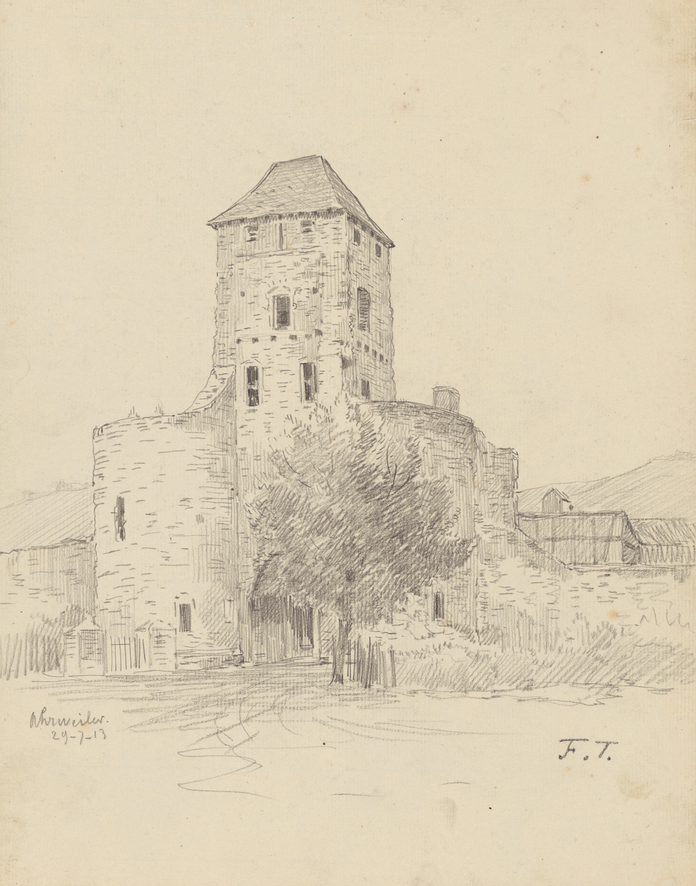 Post-Impressionism oil painting of an ancient tower by Jean-François Taelemans