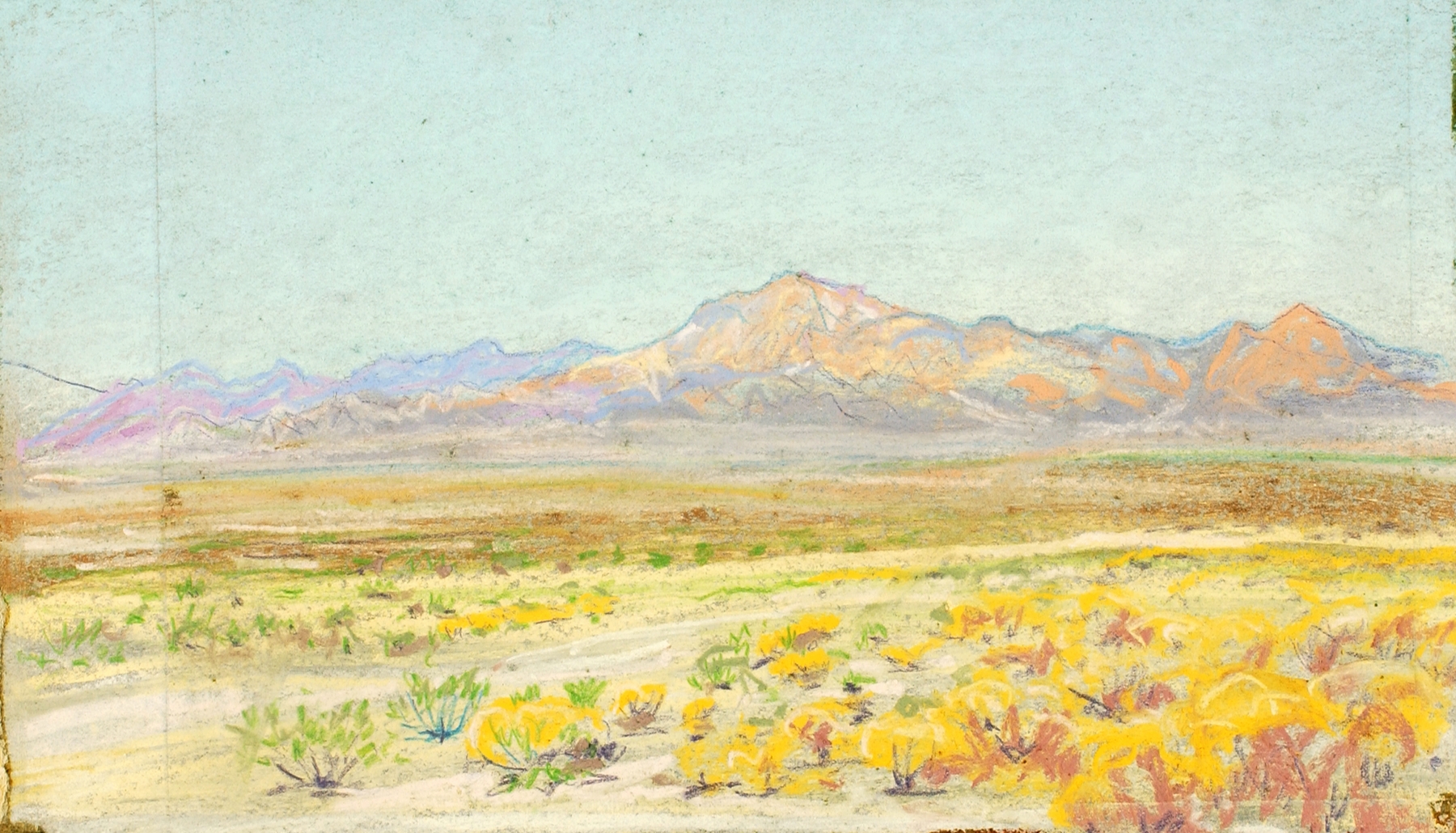Desert landscape oil painting by Howard Russell Butler, featuring ochres and blues at dusk.