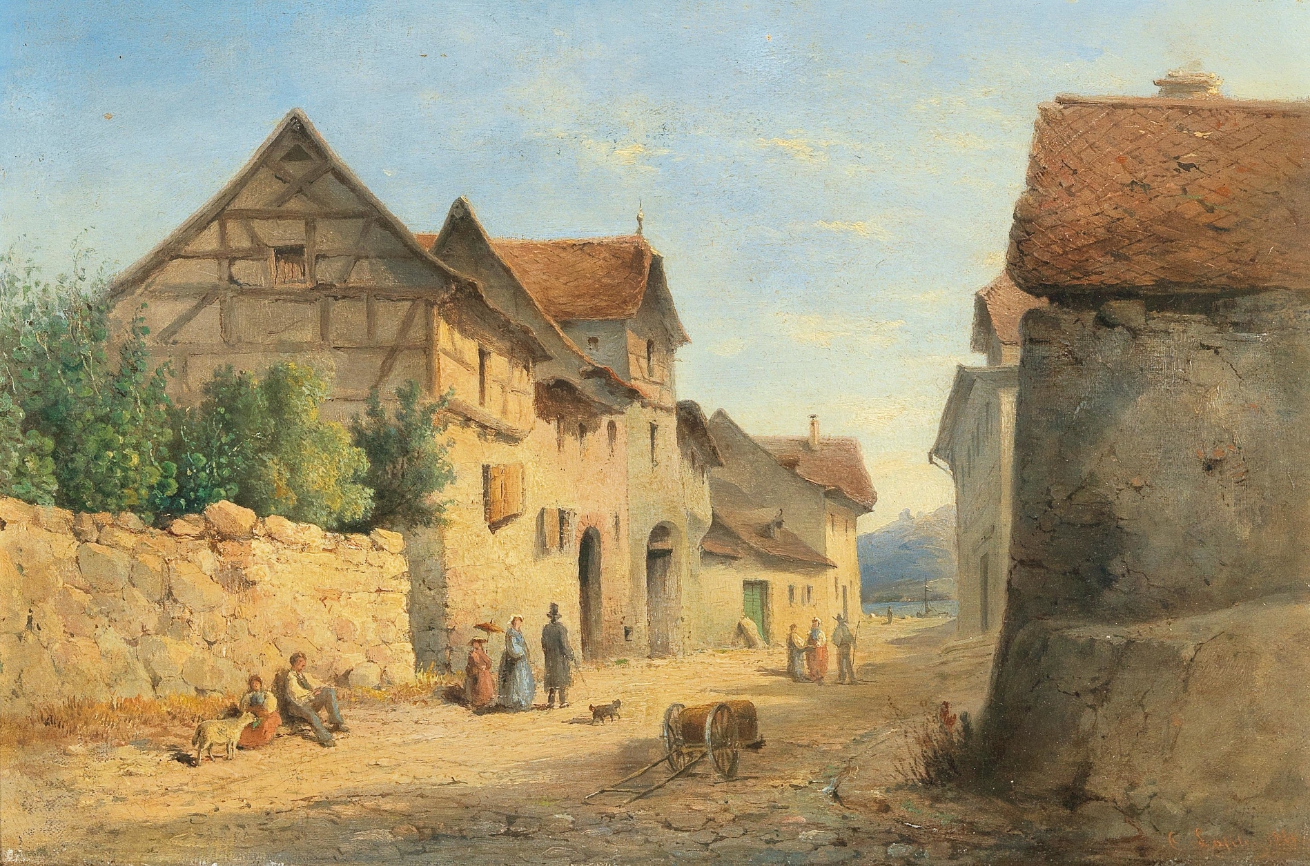 Village Road With Many Decorative Figures by Carl Lafite, oil painting depicting a vibrant village scene.