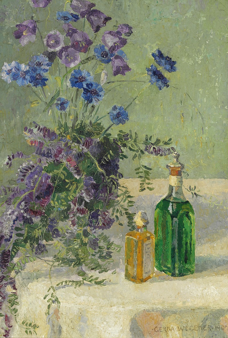 A still life painting featuring blue flowers and two bottles on a table.
