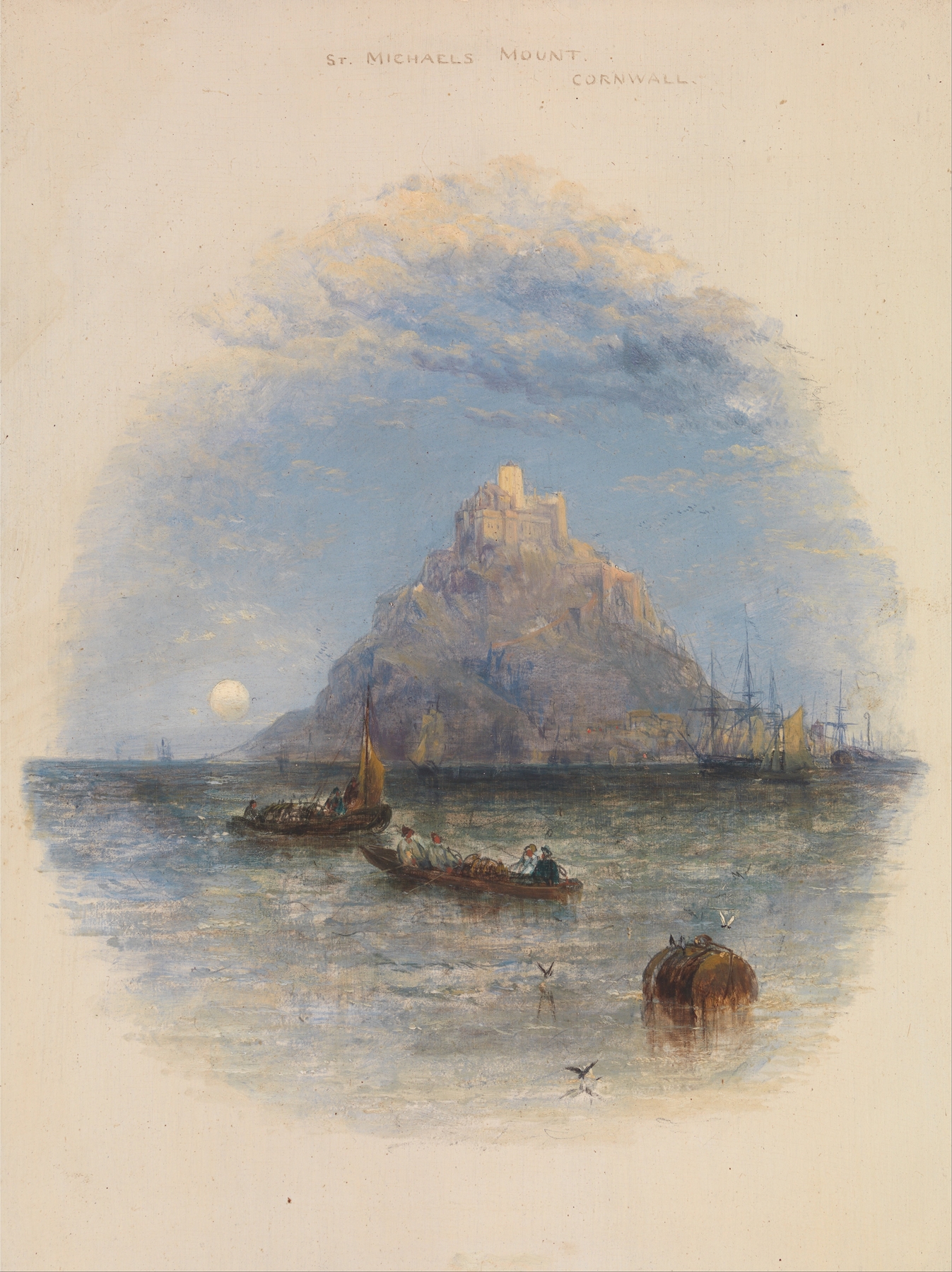 St. Michael’s Mount, Cornwall by Thomas Creswick, oil on canvas depicting rocky shore and tranquil waves.