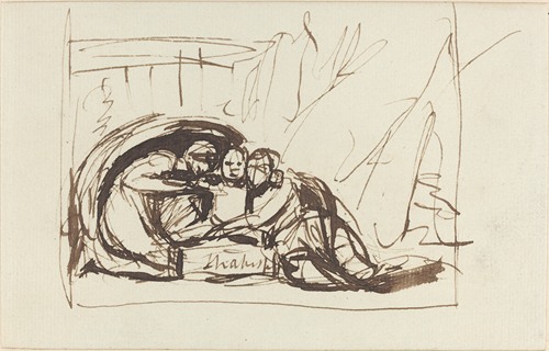 A painting depicting Shakespeare as an infant, nurtured by figures representing Comedy and Tragedy.