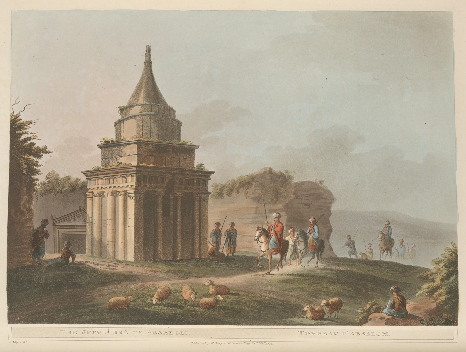 The Sepulchre of Absalom engraving by Luigi Mayer featuring intricate carvings and muted earth tones.