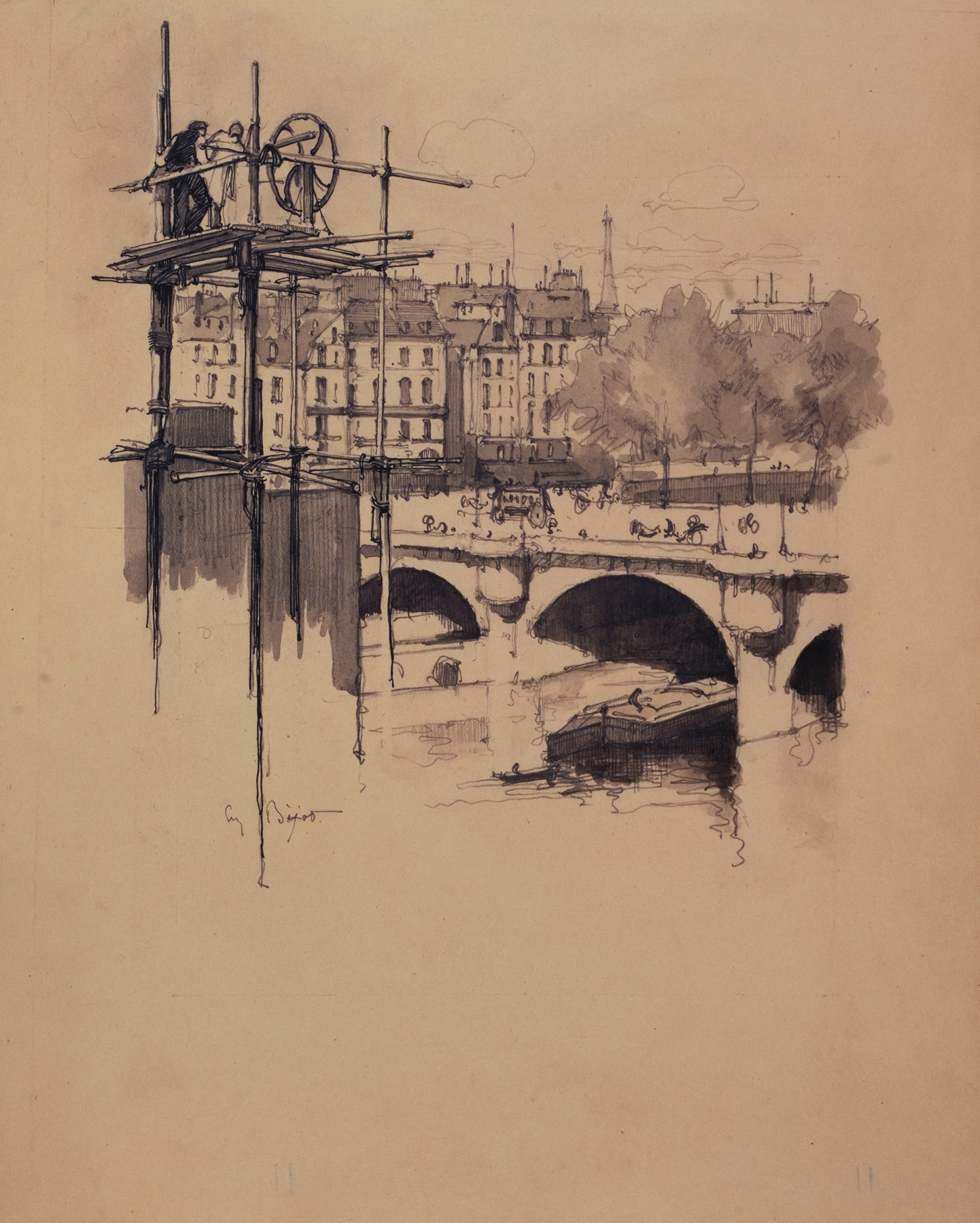 Vue du Pont-Neuf by Eugène Béjot, oil on canvas depicting a bridge over a shimmering river