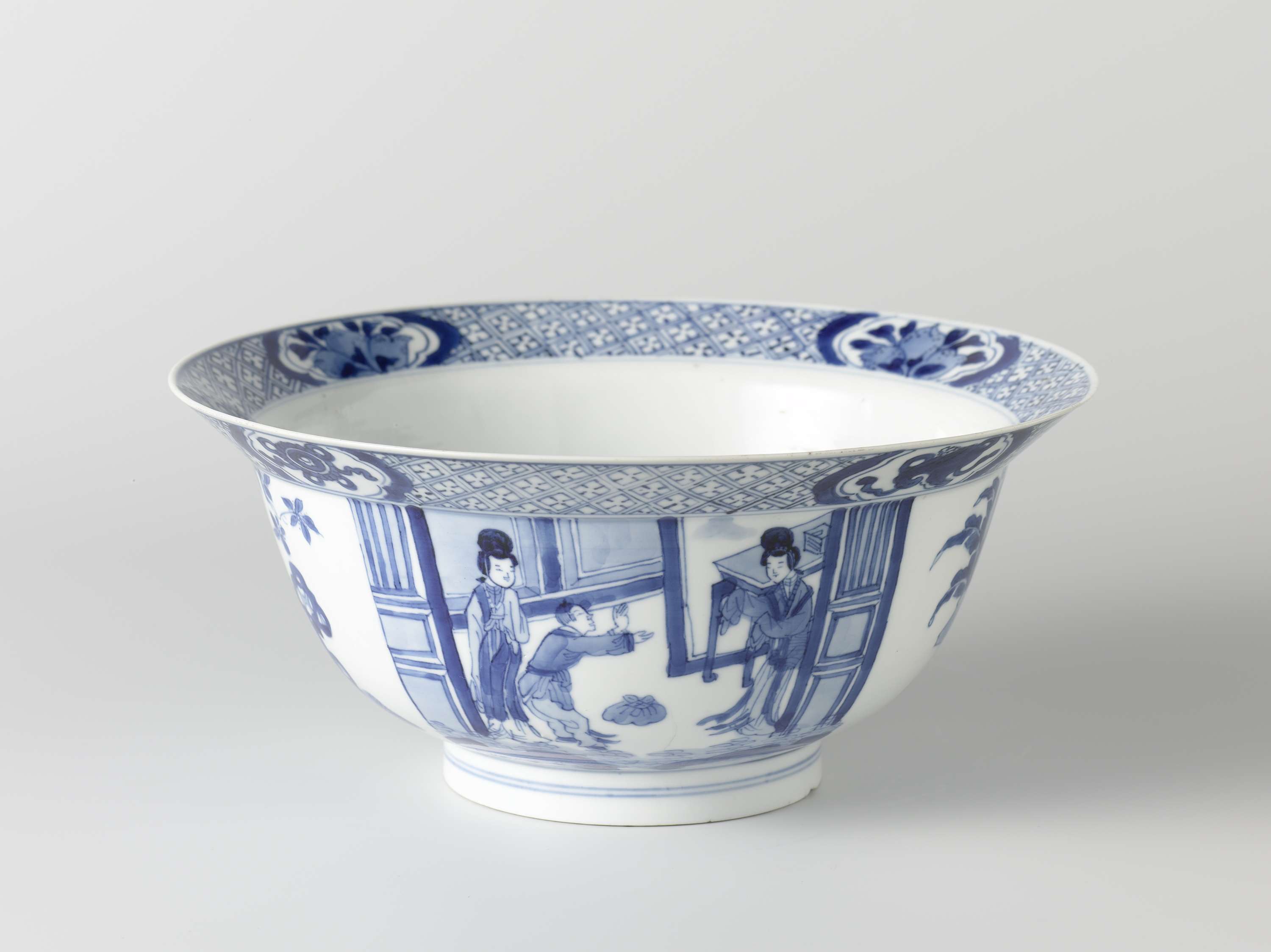 Bowl with figures in an interior and trees near rocks, unknown medium, unknown artist