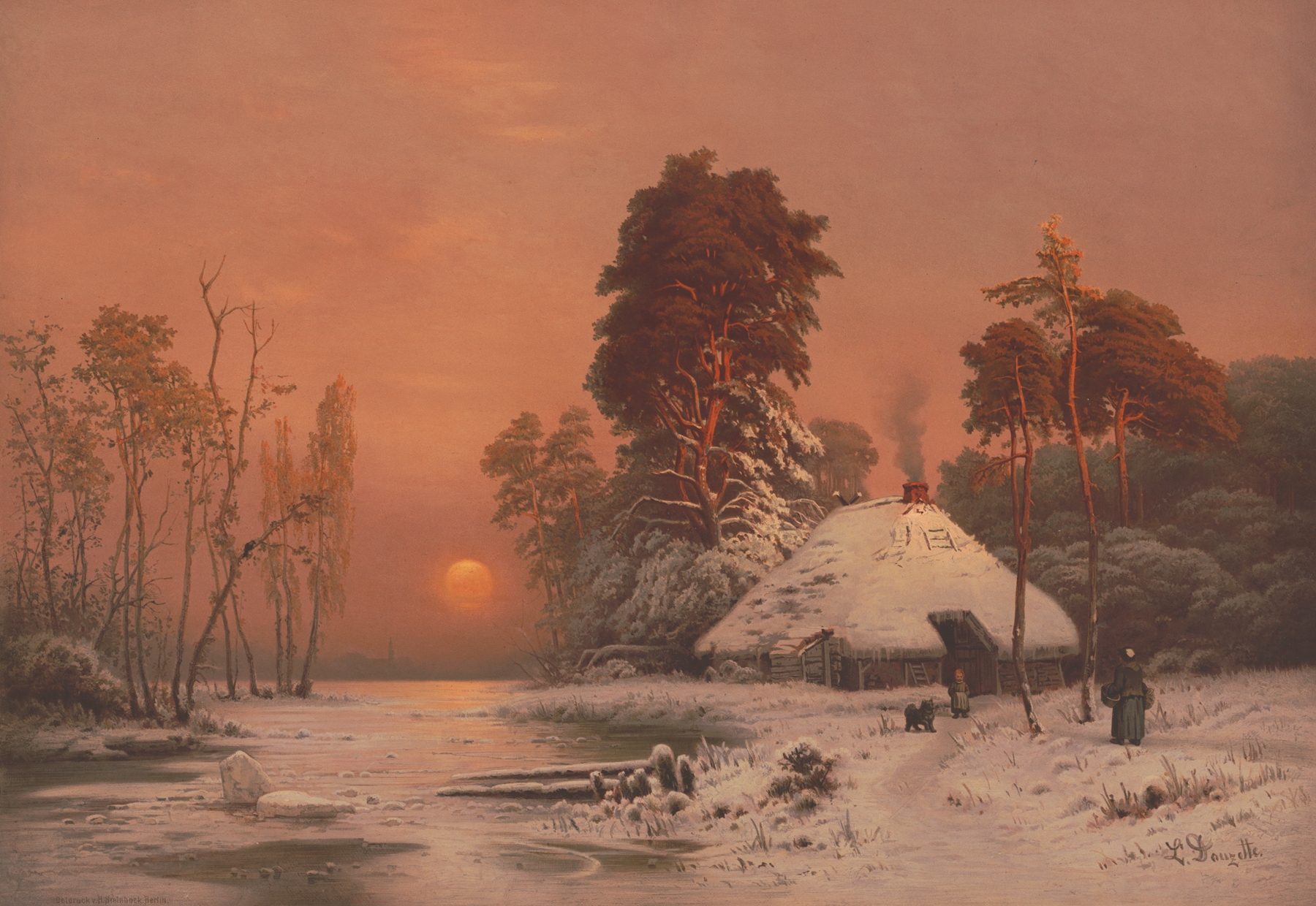 Sunset in winter by Edmund Foerster & Co., oil on canvas depicting a winter landscape with a glowing sunset.