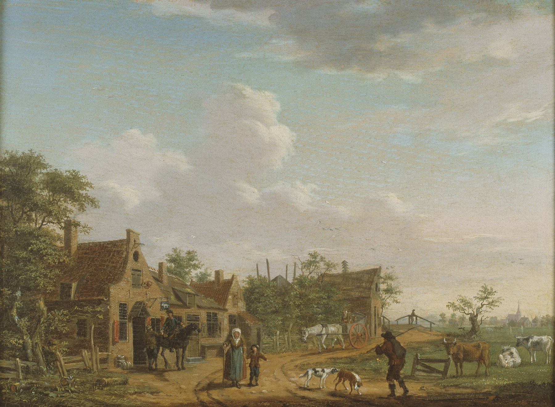 Landschap met herberg by Isaac Ouwater, depicting a rural inn surrounded by hills, oil painting