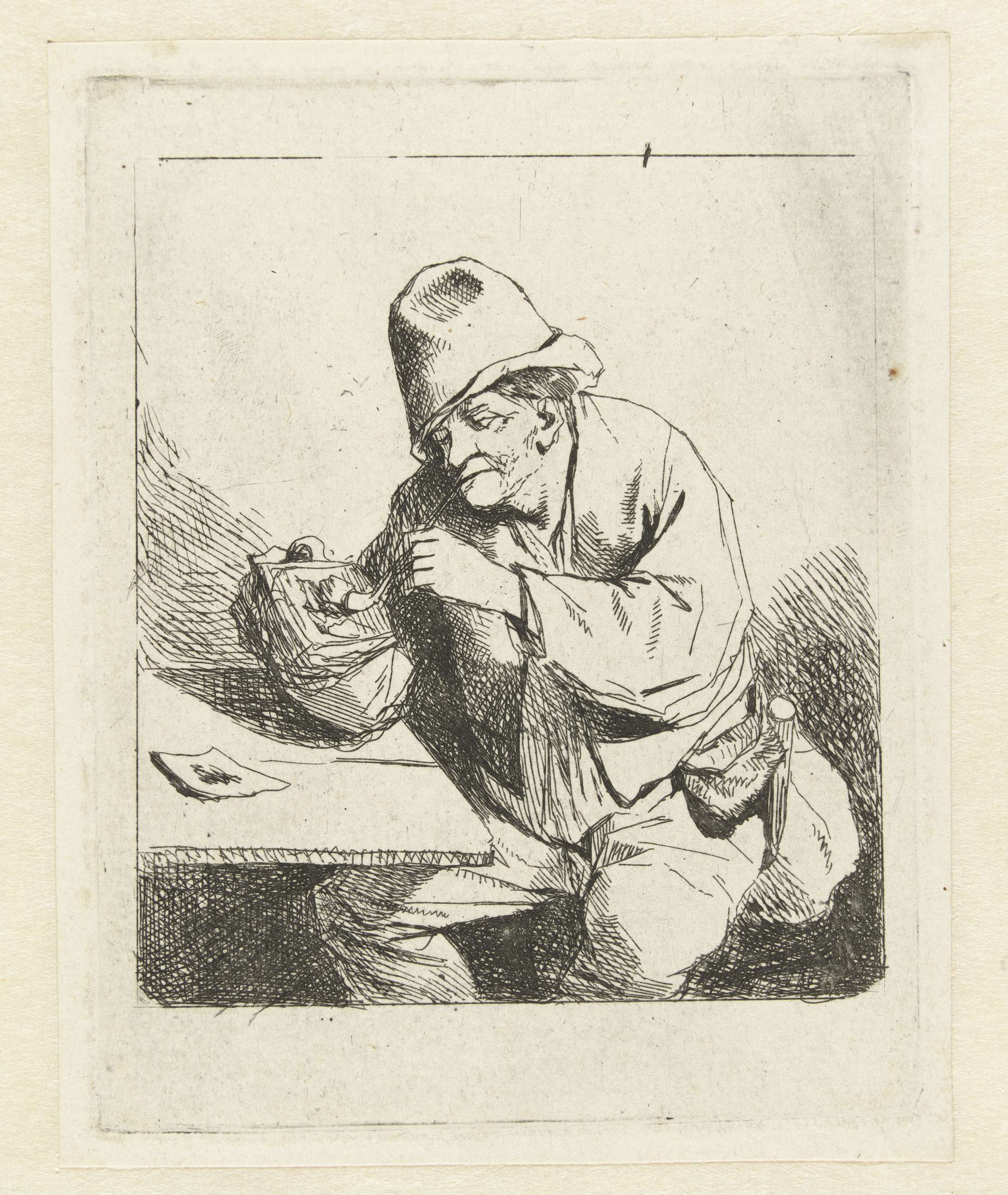 Seated man smoking a pipe, etching by Cornelis Pietersz. Bega