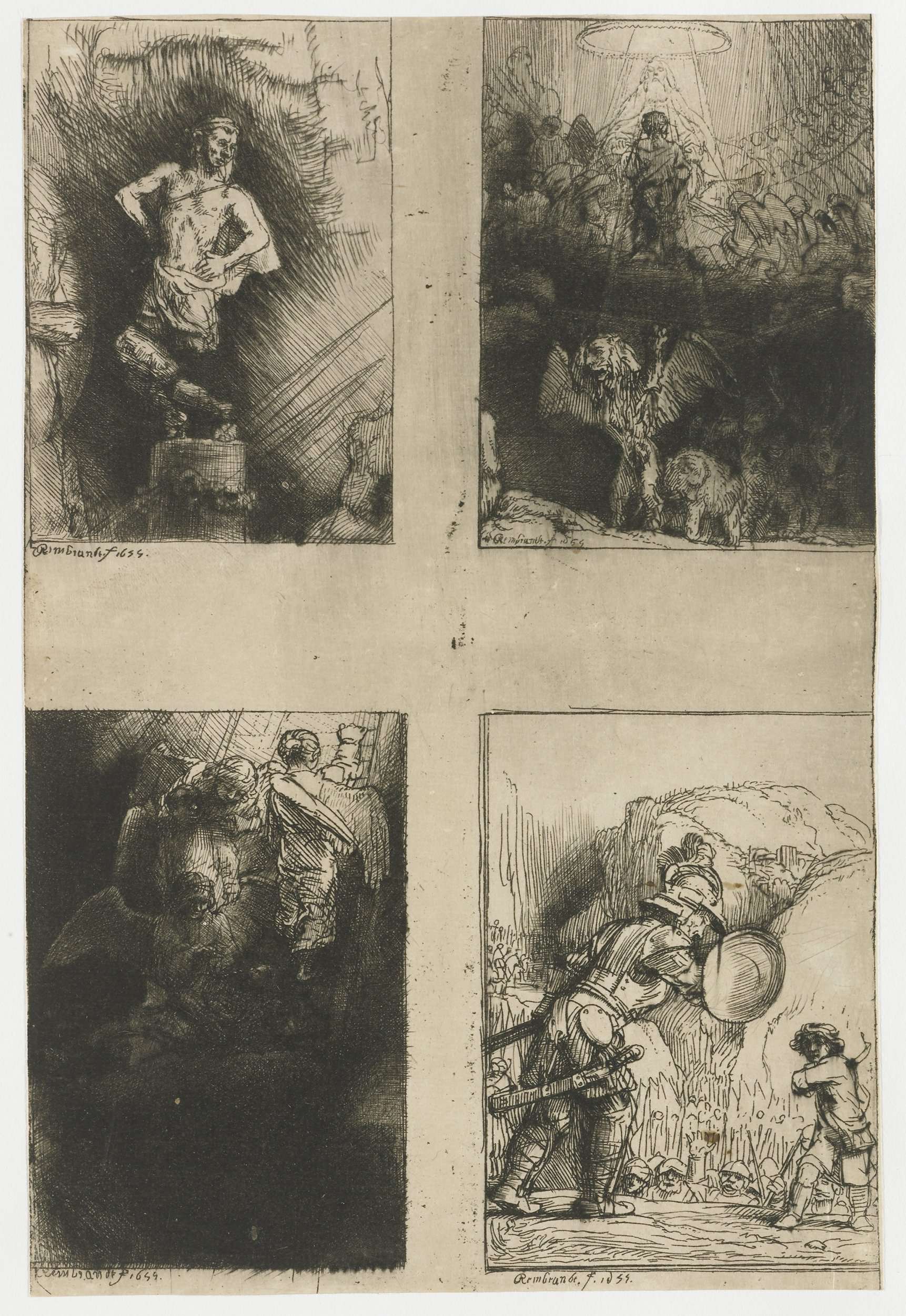 Etching by Rembrandt van Rijn depicting figures in chiaroscuro