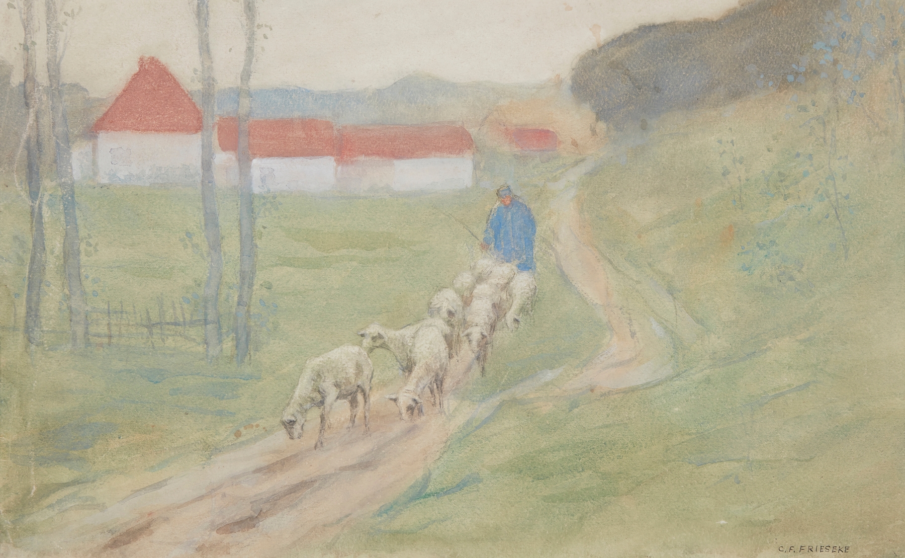 Figurative work depicting sheep and figures in soft light by Frederick Carl Frieseke