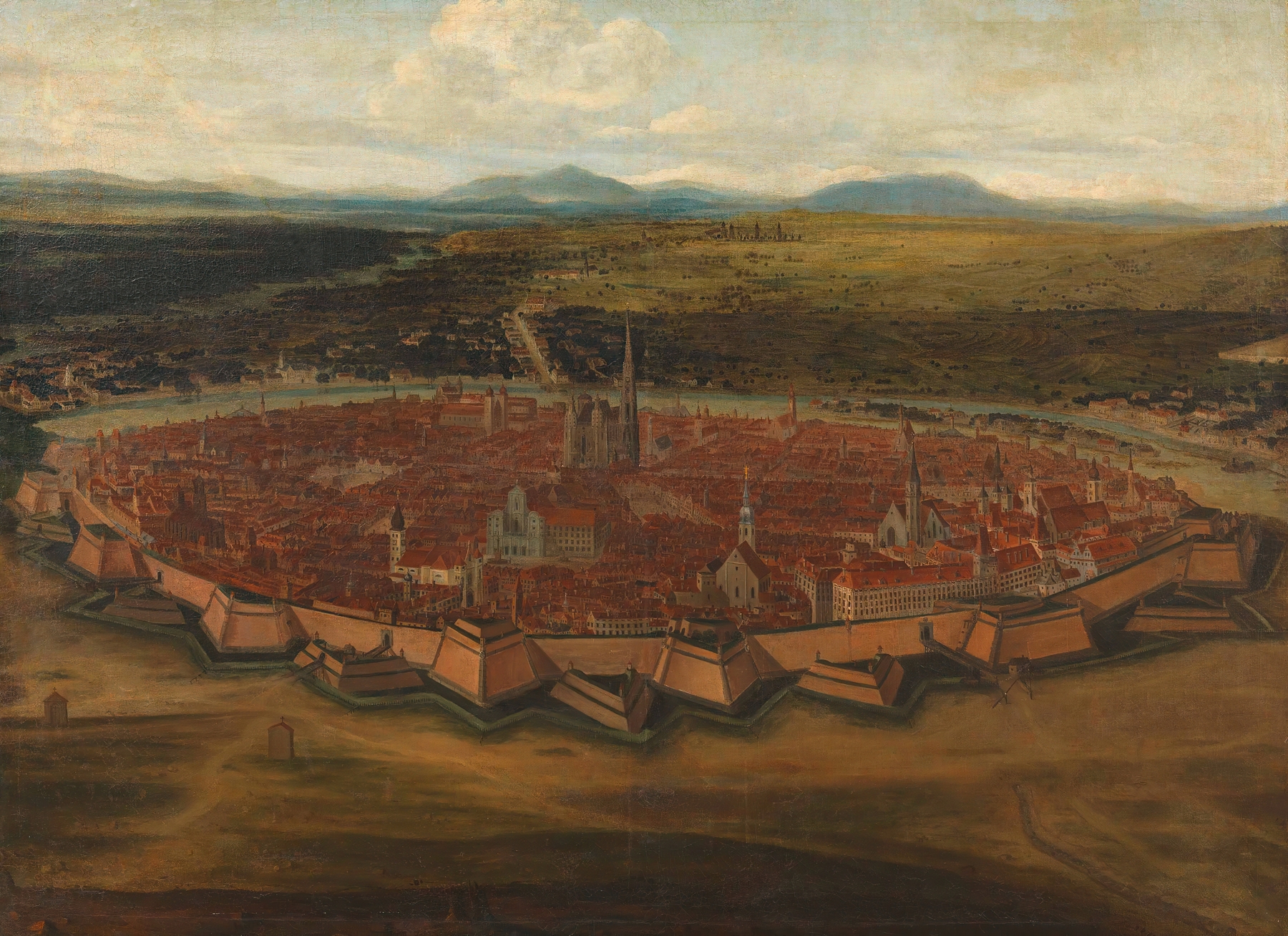 Landscape view of Vienna with rooftops and spires, oil painting by Domenico Cetto