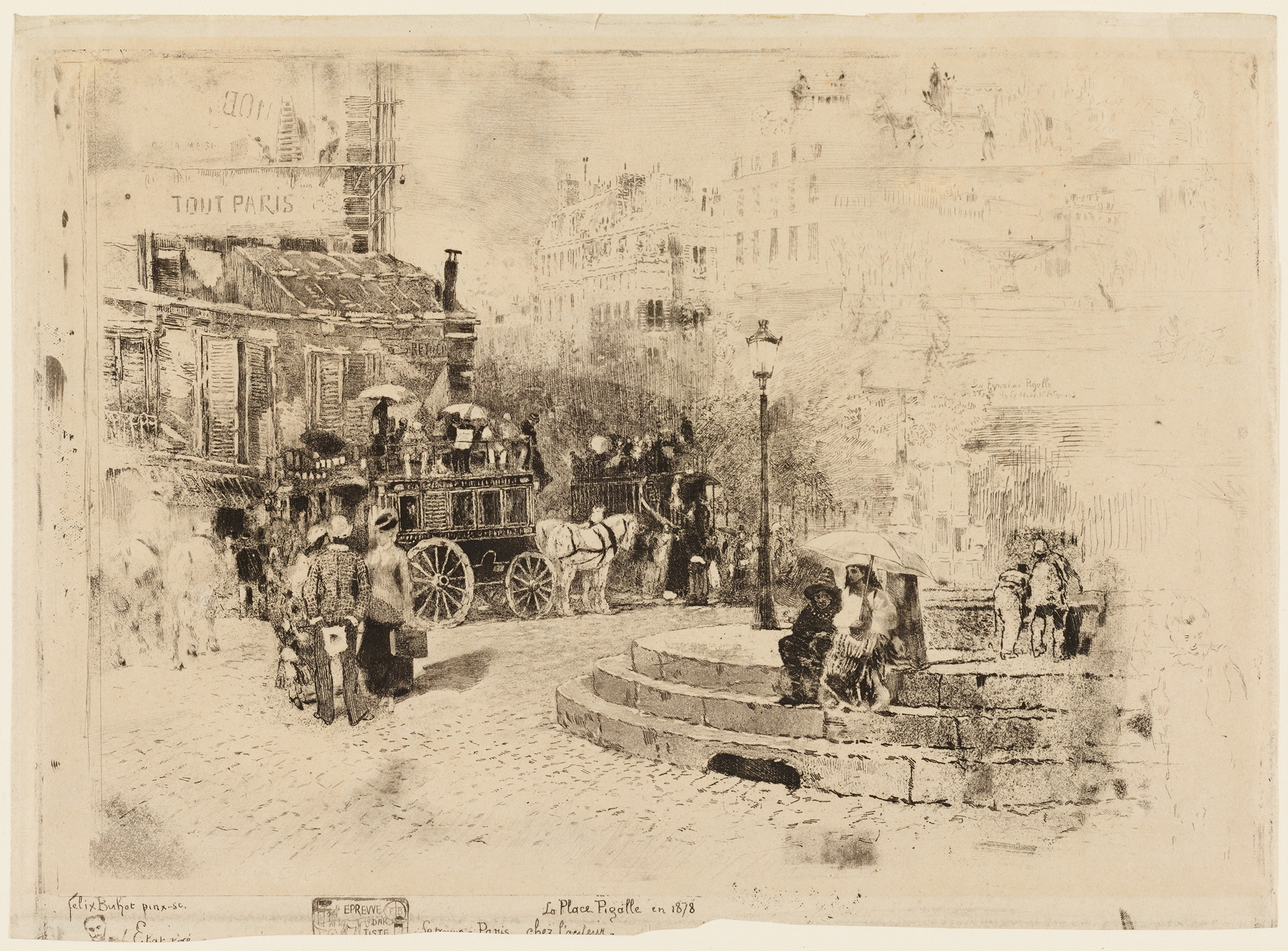 The Place Pigalle in 1878, etching by Félix Hilaire Buhot, depicting figures in Paris street at evening.