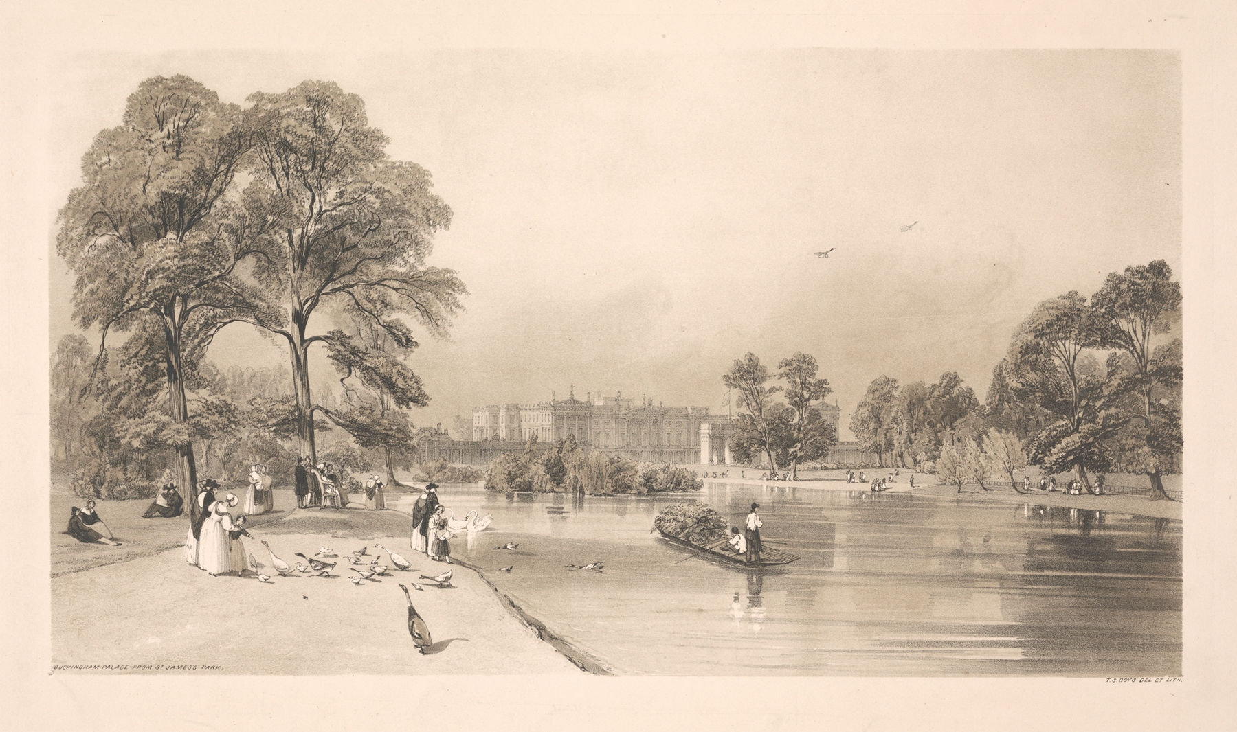 Landscape of Buckingham Palace from St. James’s Park by Thomas Shotter Boys, oil painting