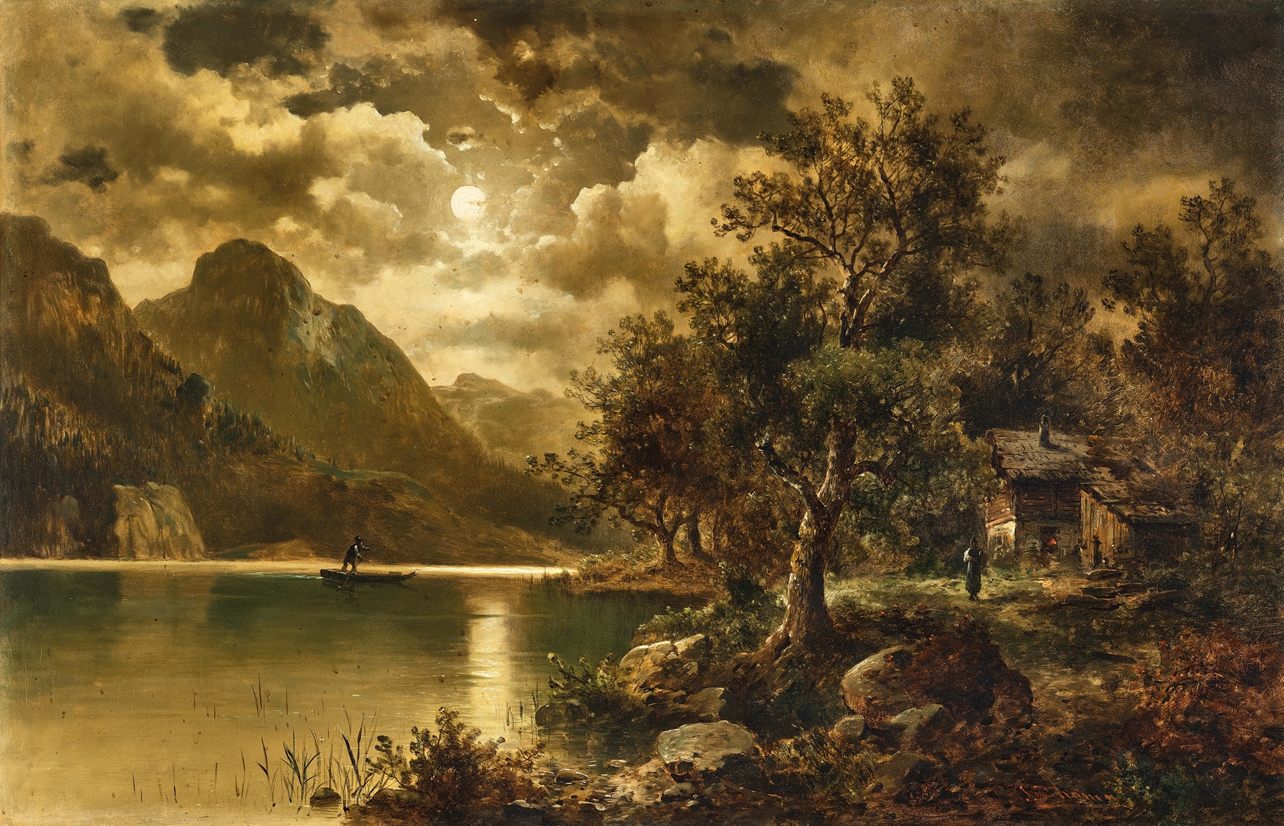 A moonlit night on the lakeside, by Josef Thoma, public domain