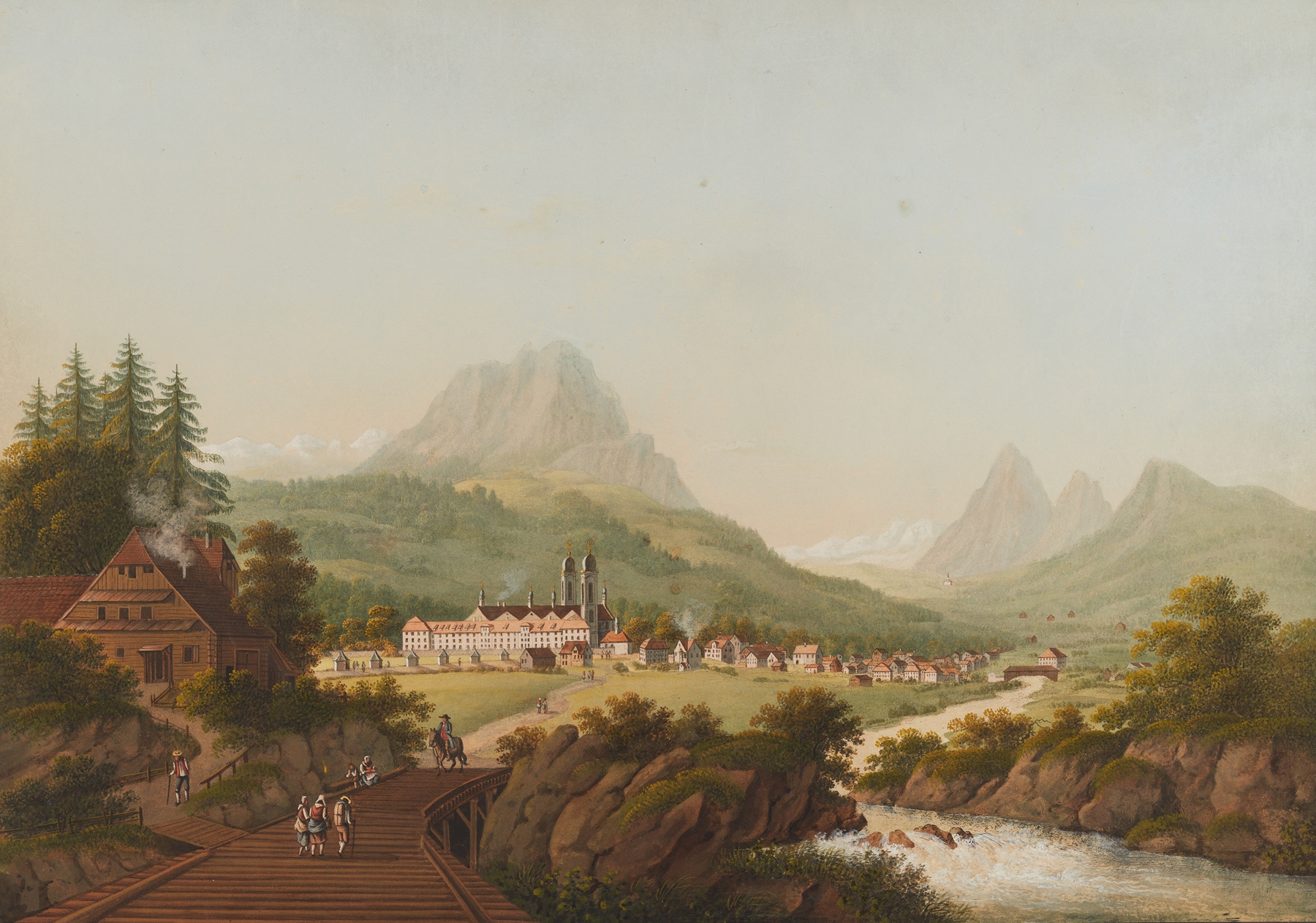 Oil on canvas by Marquard Wocher depicting the monastery of Maria Einsiedeln in a serene Swiss landscape.