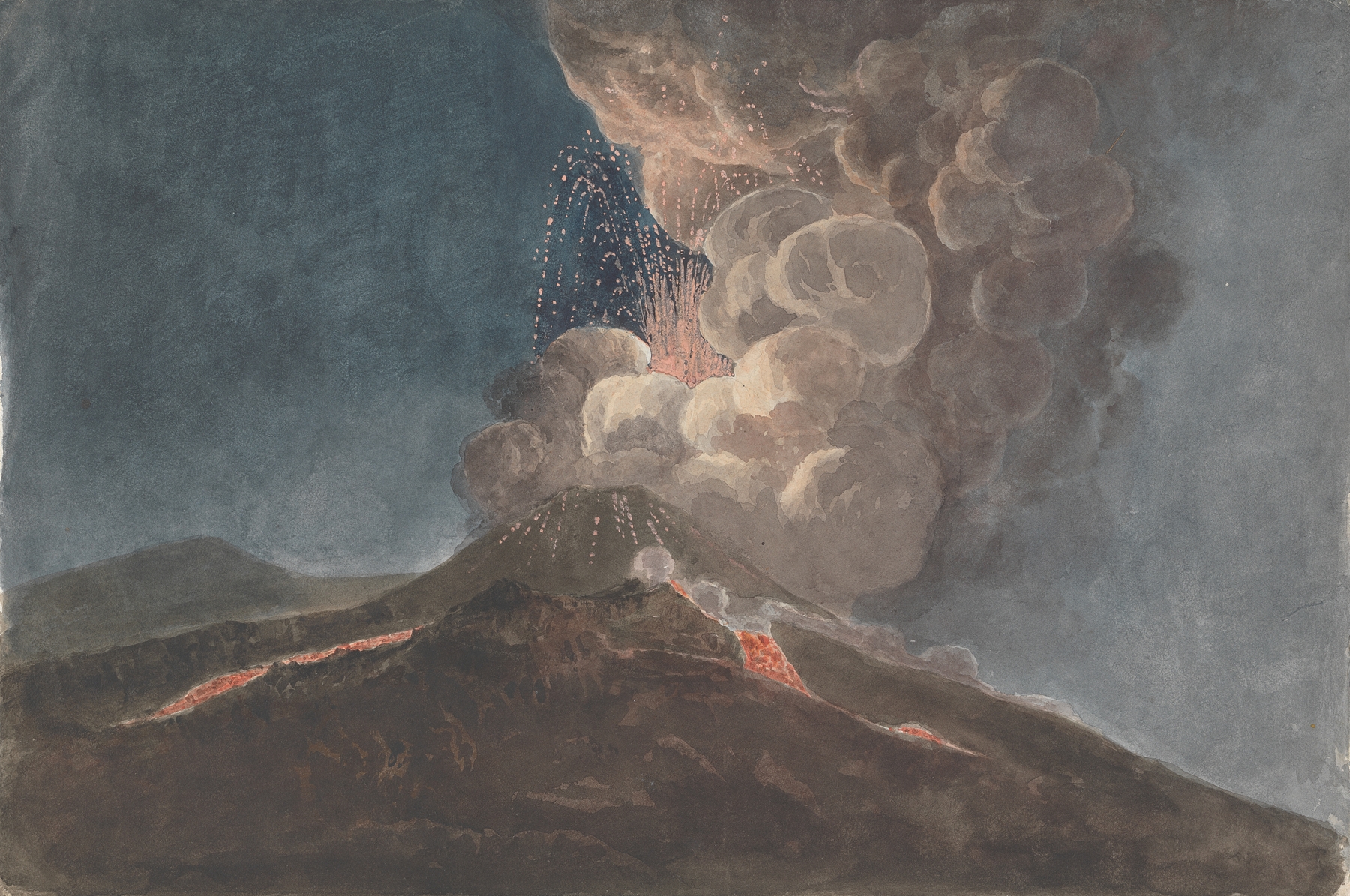 Vesuvius in Eruption by Isaac Weld, oil on canvas depicting a volcano erupting against a dark sky.