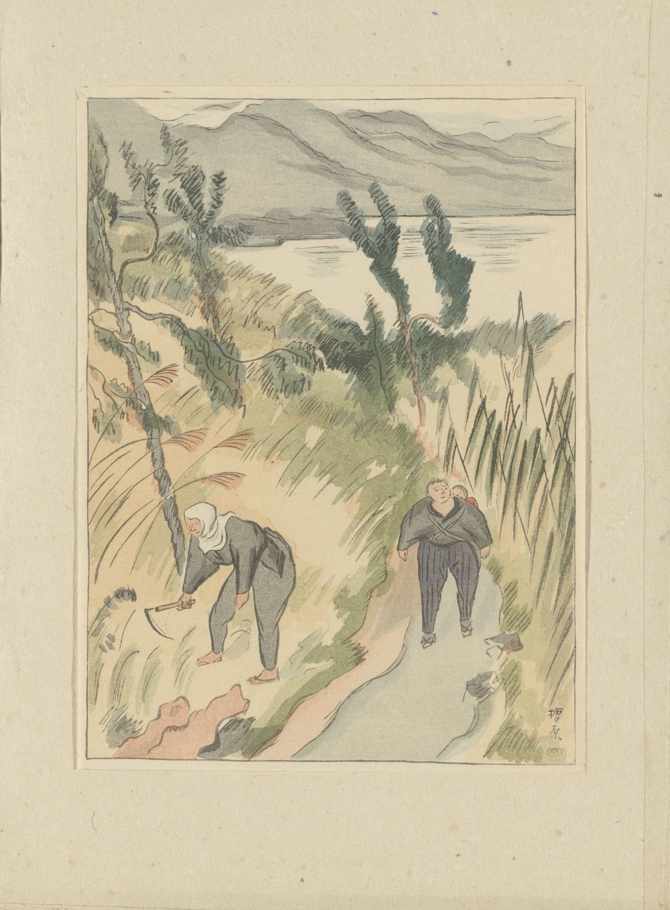 Near Lake Nippara by Morita Tsunetomo, ink on paper, depicting a tranquil lake and surrounding landscape.