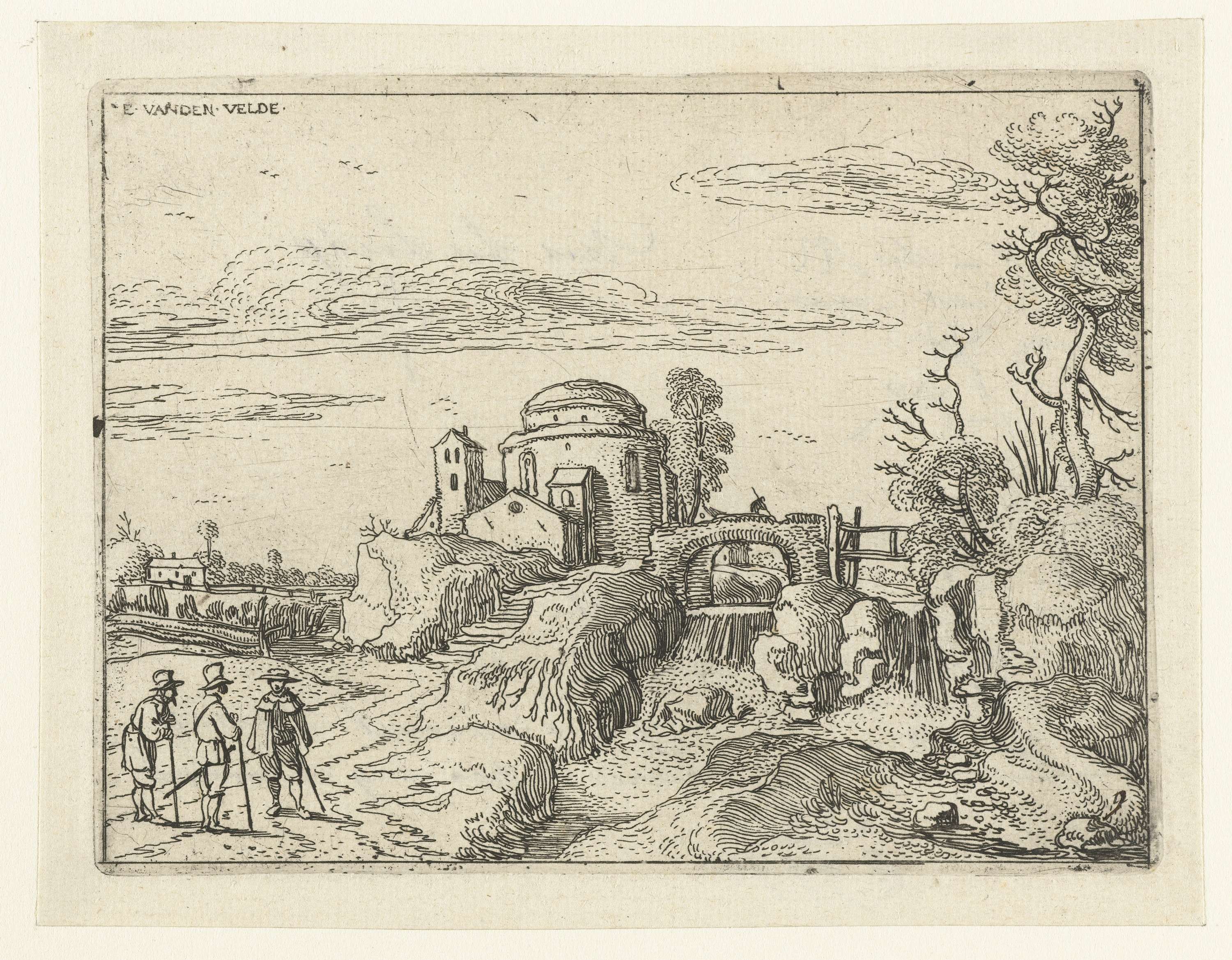 Etching by Esaias van de Velde depicting a bridge over a waterfall and a dome-shaped building.
