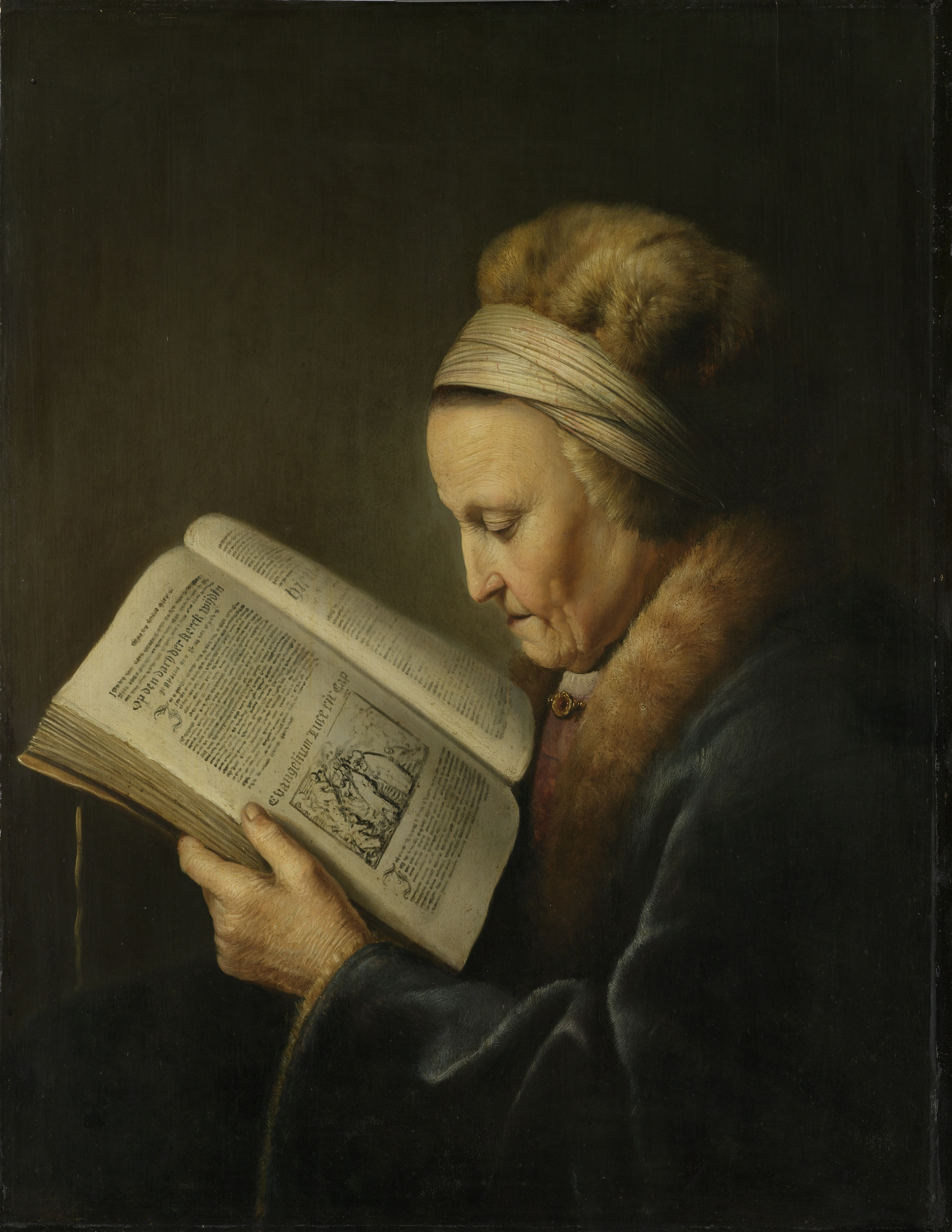 Old Woman Reading, by Gerard Dou, public domain