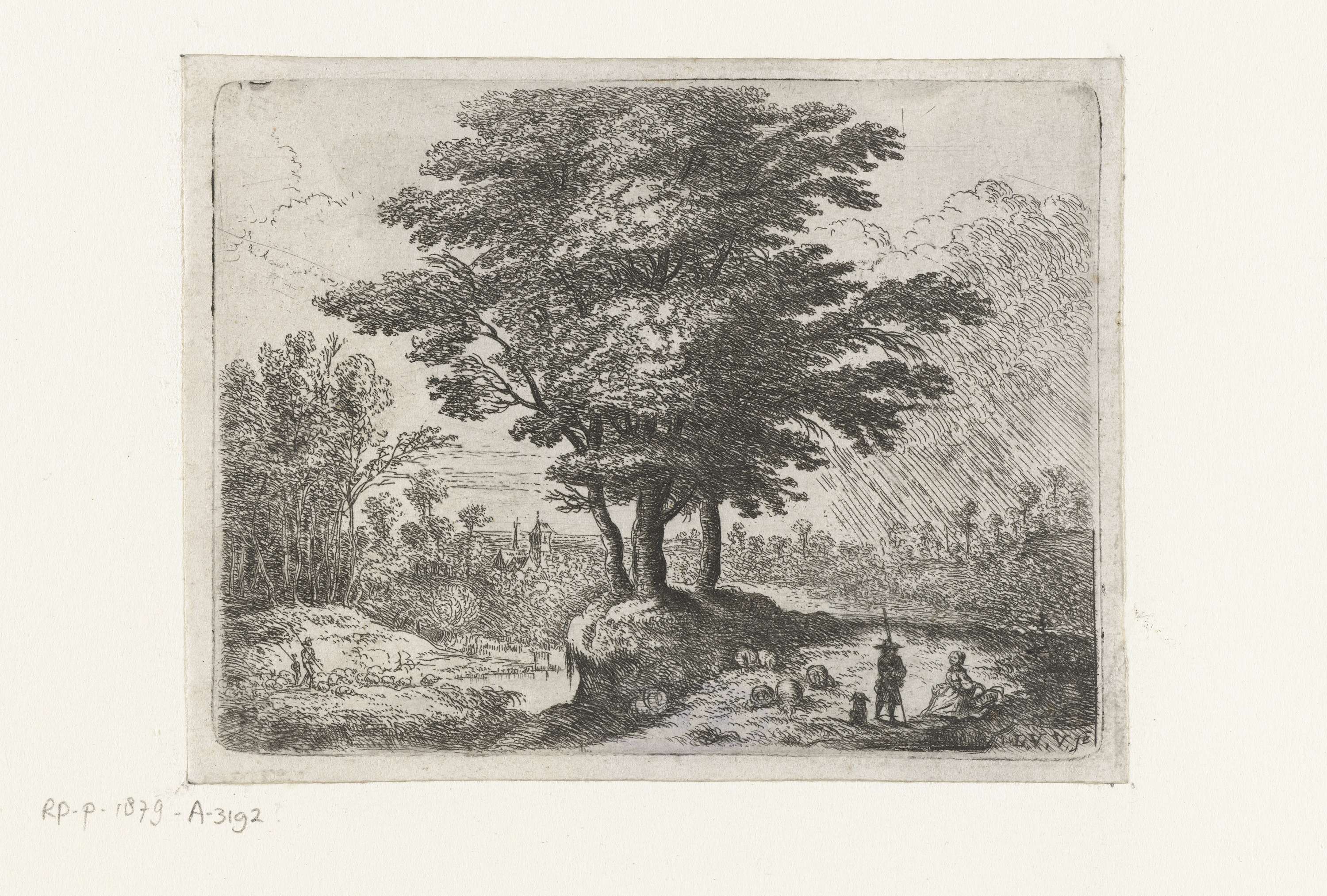 Etching by Lucas van Uden depicting trees, a shepherd, and sheep in a landscape.