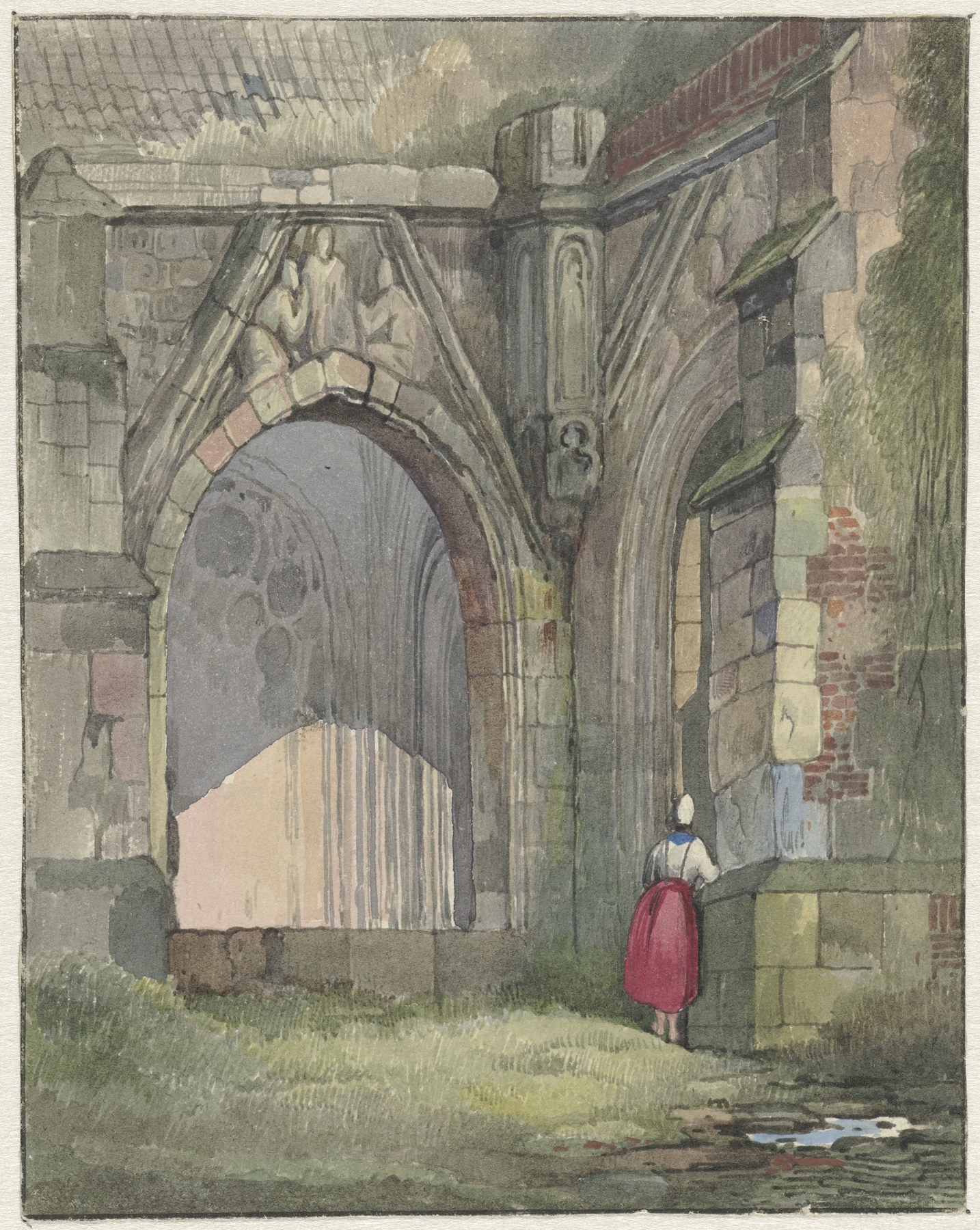Kerkportaal by Reinier Craeyvanger, oil on canvas depicting a church entrance with light and shadows.