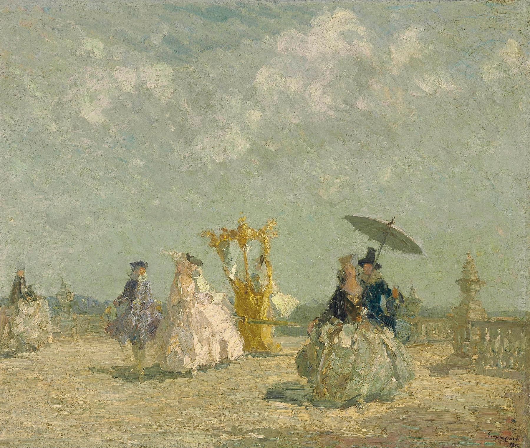 Interior scene featuring a sedan chair in rich fabrics, oil painting by Emma Ciardi