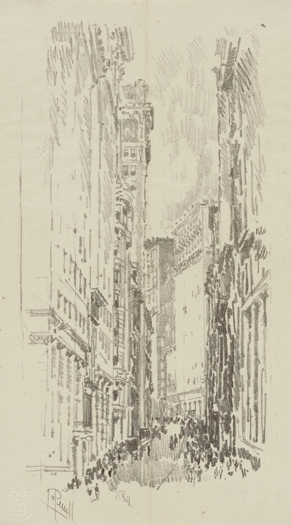 Modernism etching by Joseph Pennell depicting urban buildings and shadows at twilight.