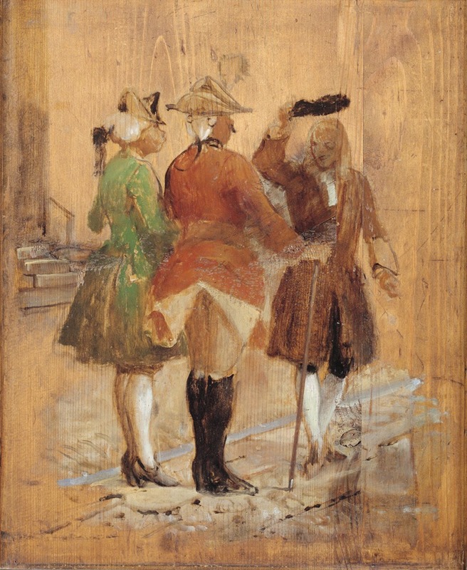 A historical scene depicting Holberg's encounter with Jacob von Thyboe and Jean de France.