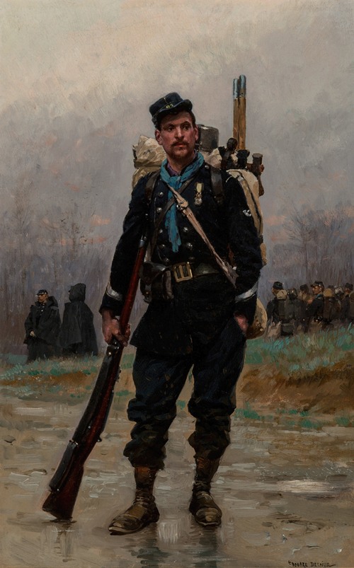 A French infantryman stands proudly in uniform, holding a rifle and wearing a distinctive hat.