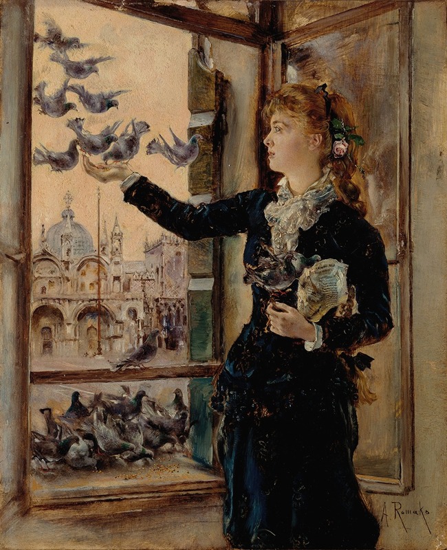 A girl feeding pigeons by a window overlooking St. Mark's Square.