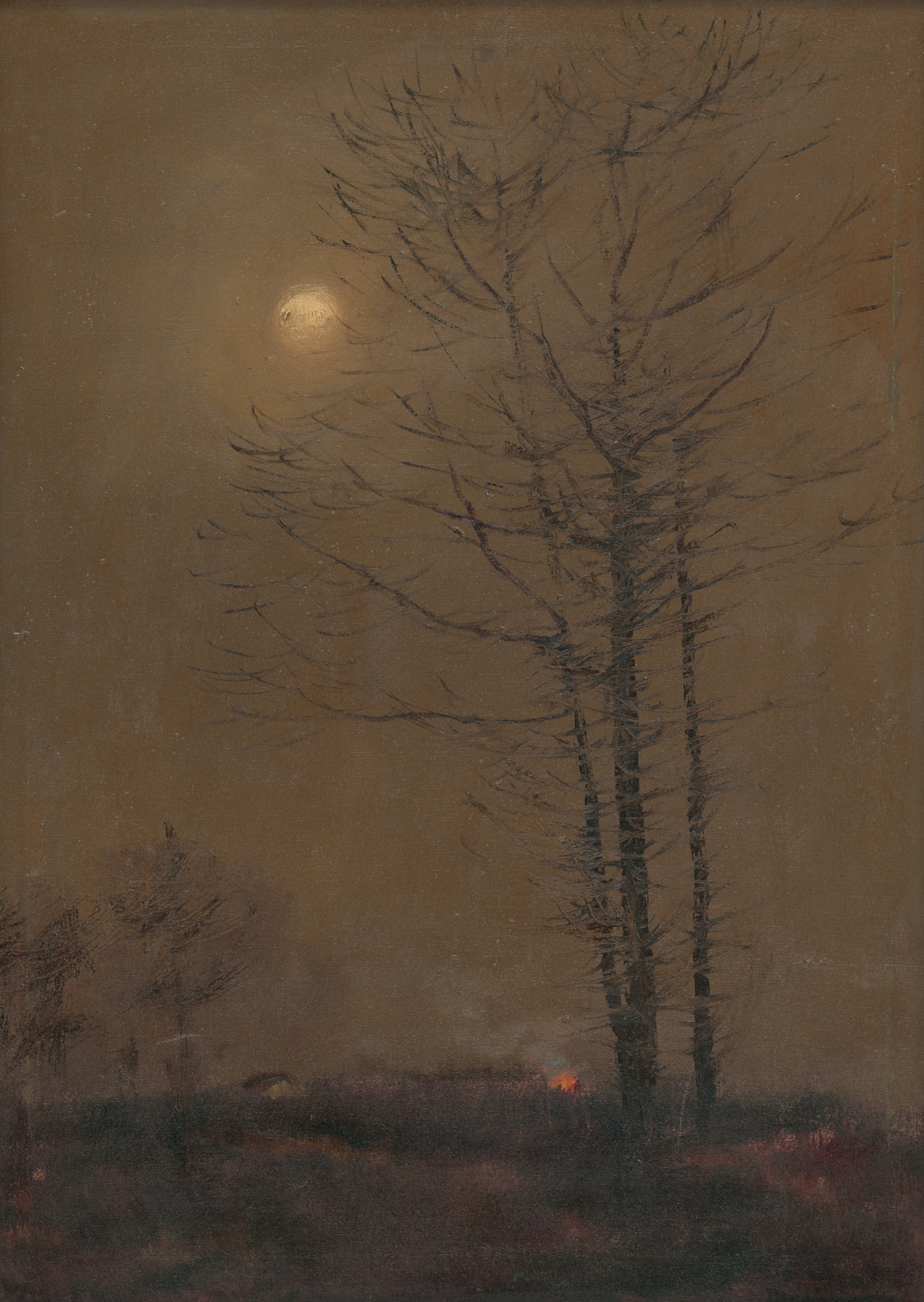 Evening landscape by Ladislav Mednyánszky, oil on canvas depicting a sunset over rolling hills.