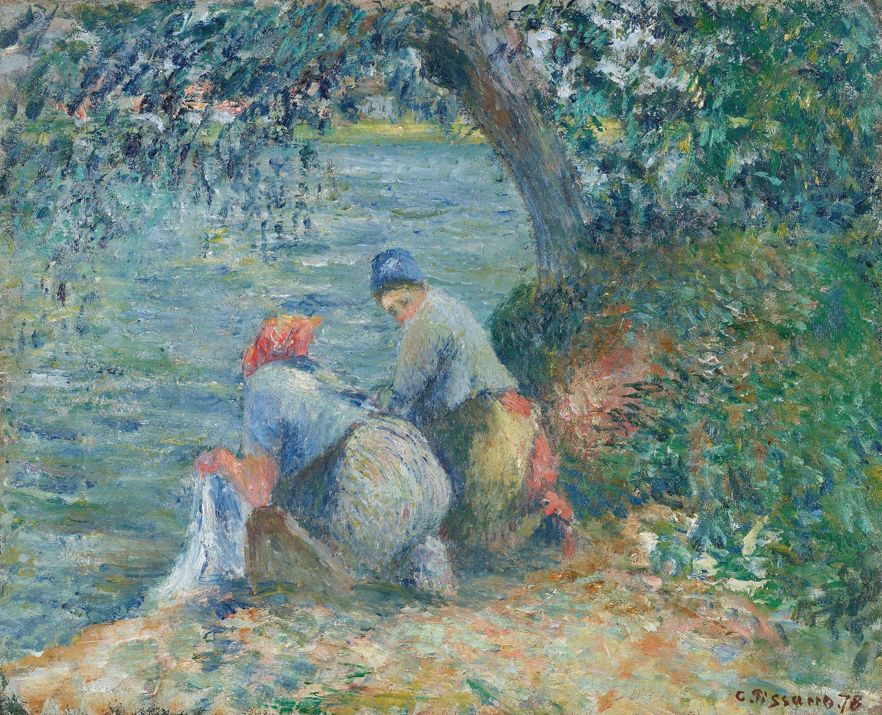 Laveuses au bord de l’eau, Pontoise by Camille Pissarro, oil on canvas depicting women washing by the river