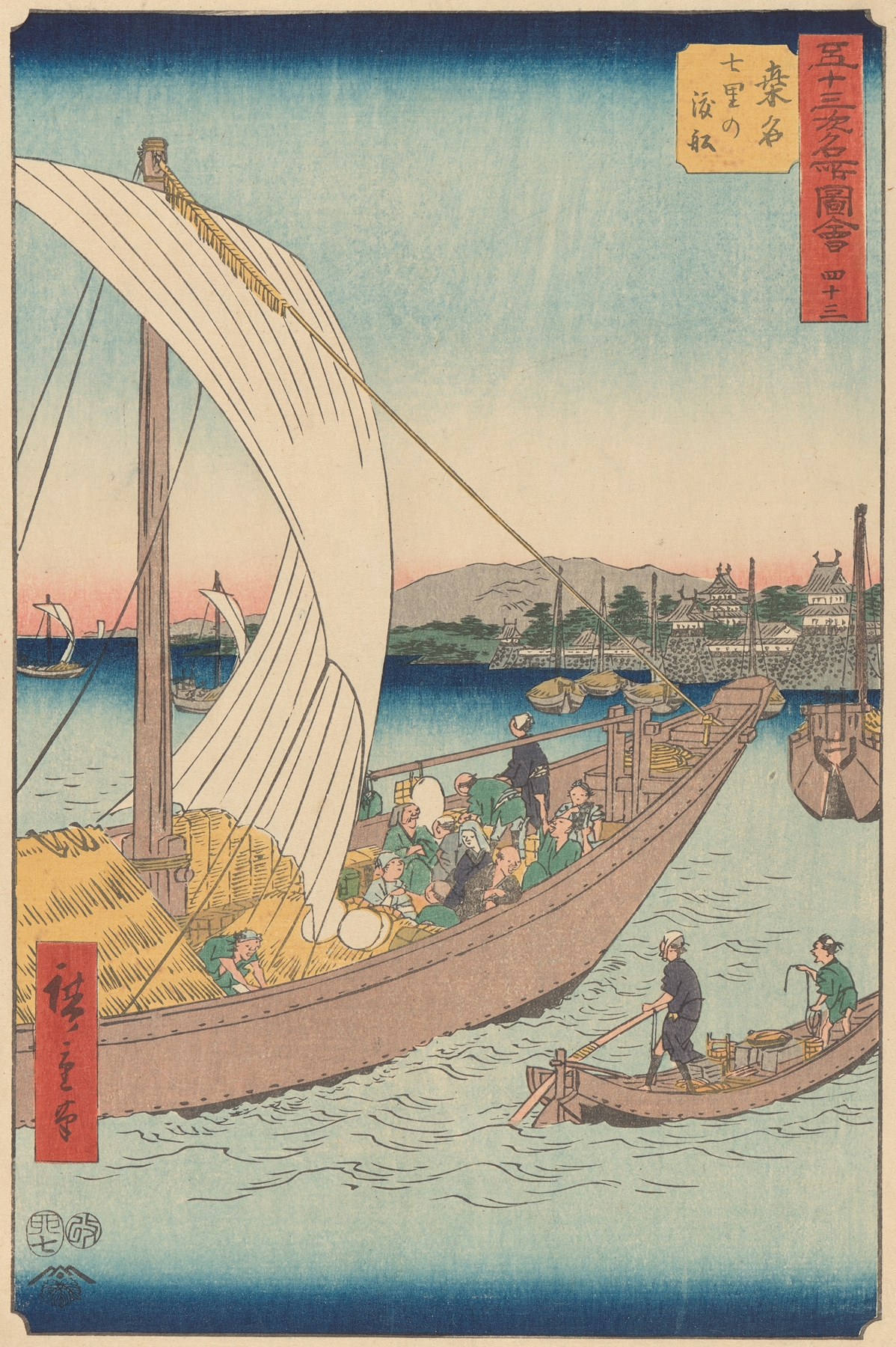 Woodblock print by Utagawa Hiroshige depicting tumultuous waves and shoreline