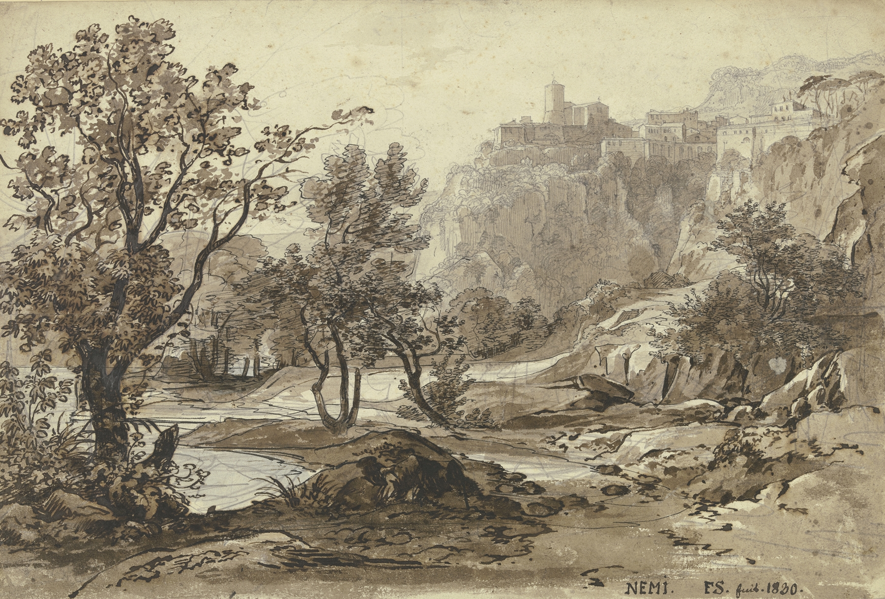 Lake Nemi landscape, oil on canvas by Friedrich Salathé