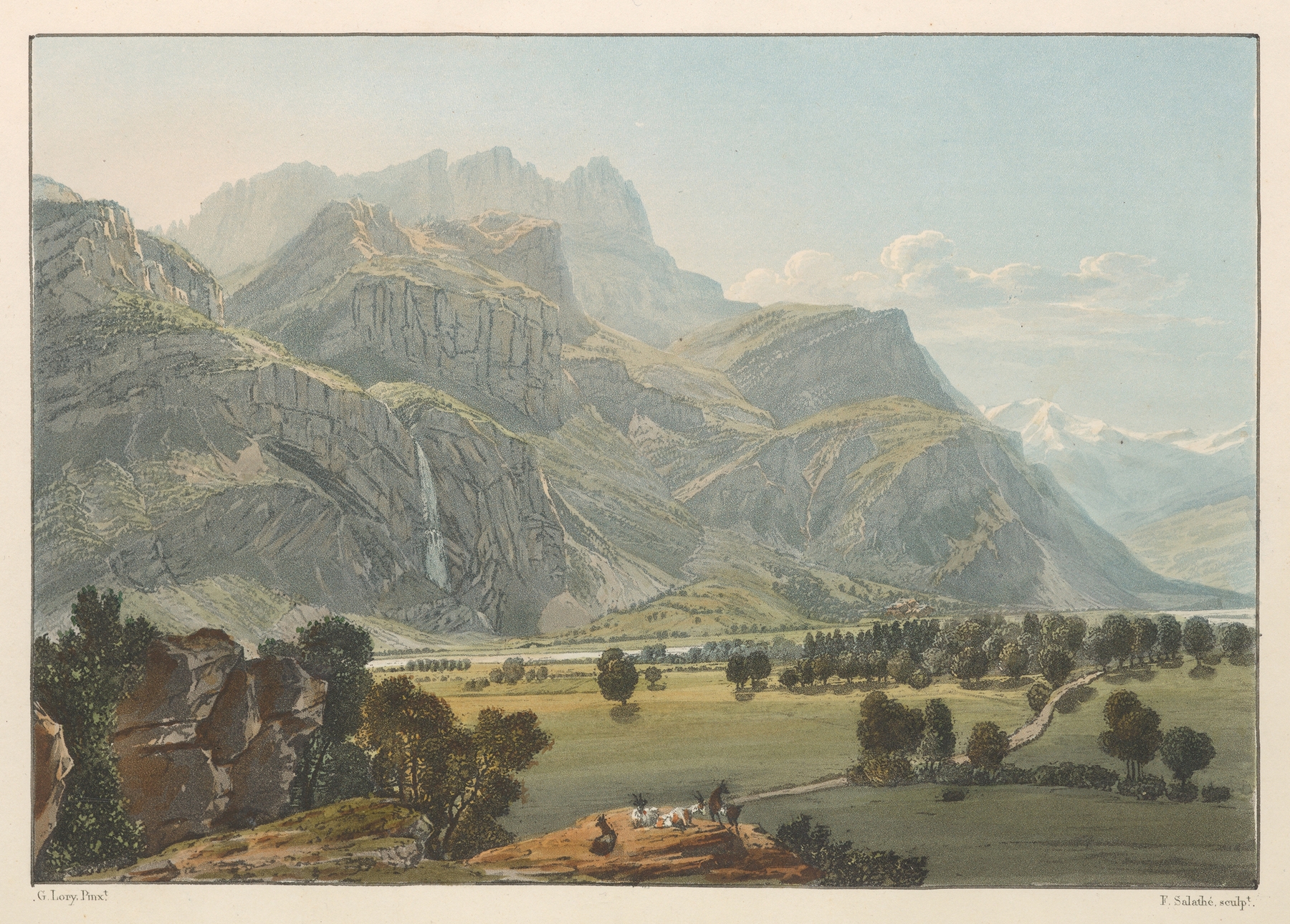 Cascade du Nant d’Arpenas by Gabriel Lory the older, depicting a waterfall in a landscape, oil painting.