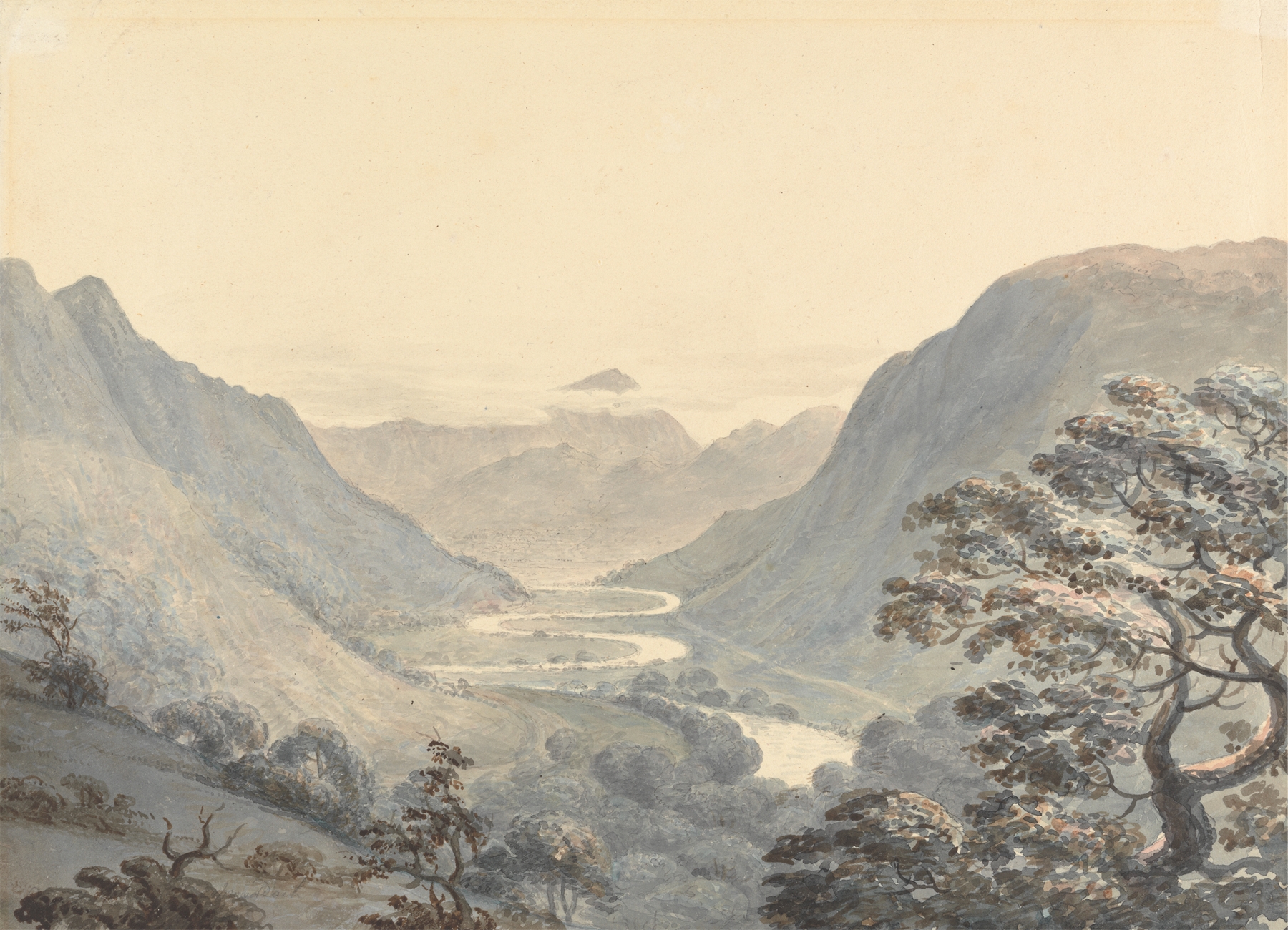 Watercolour by Moses Griffith depicting Mowddach River and lush vale.