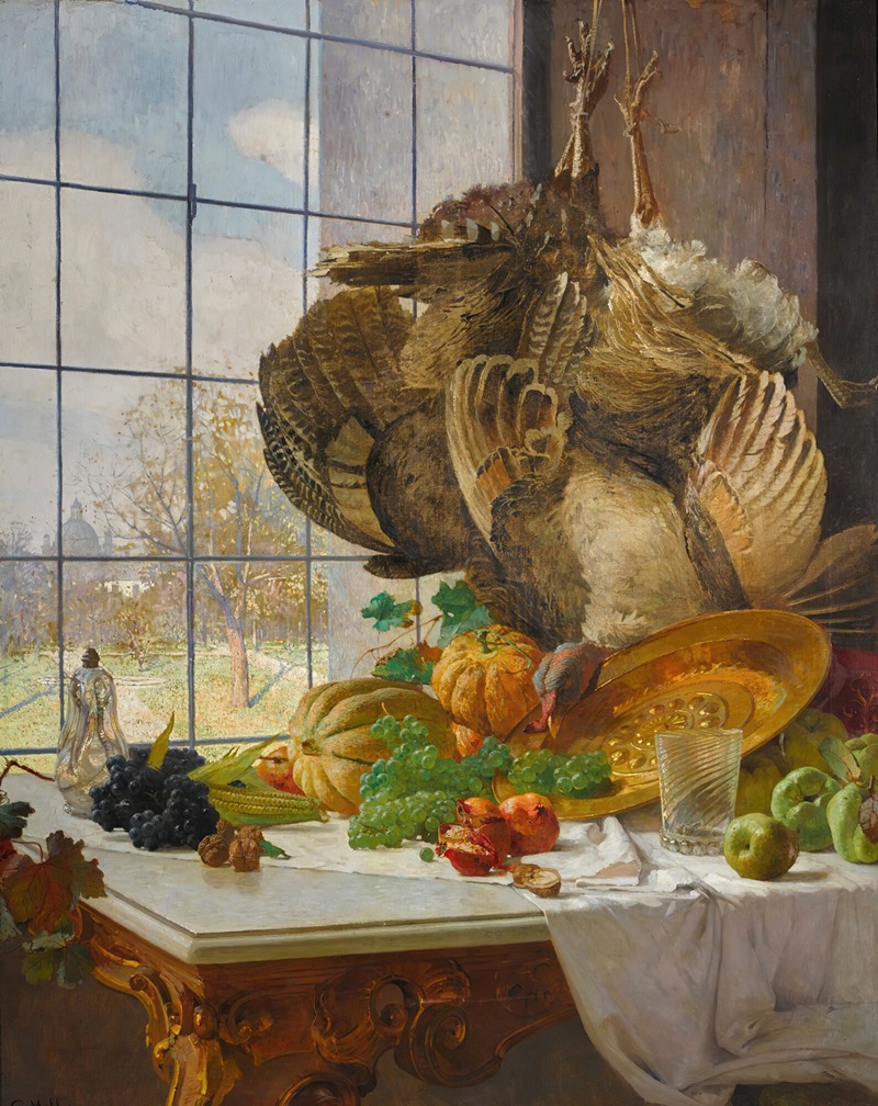 A still life painting featuring autumnal elements in an artist's studio.
